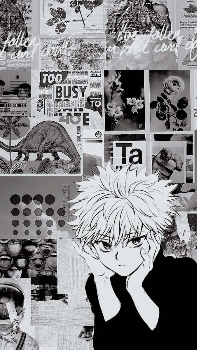 Hunter X Hunter, spiky-haired character, black and white anime collage, SD Phone Wallpaper
