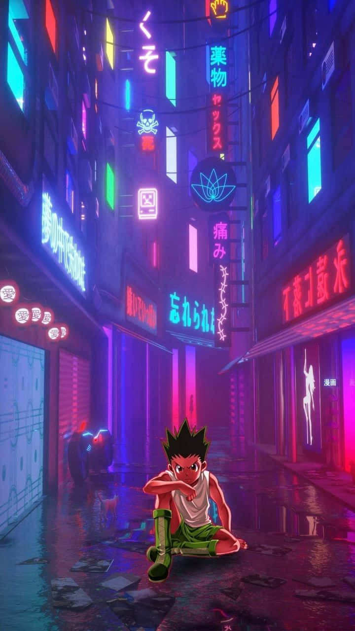 Hunter X Hunter, neon alleyway, spiky-haired anime boy, HD Phone Wallpaper