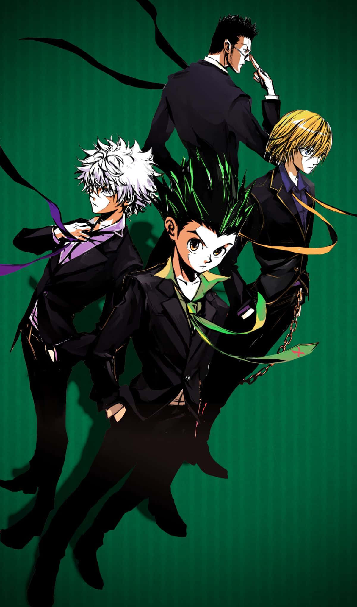 Hunter X Hunter, green background, black suits, Full HD Phone Wallpaper