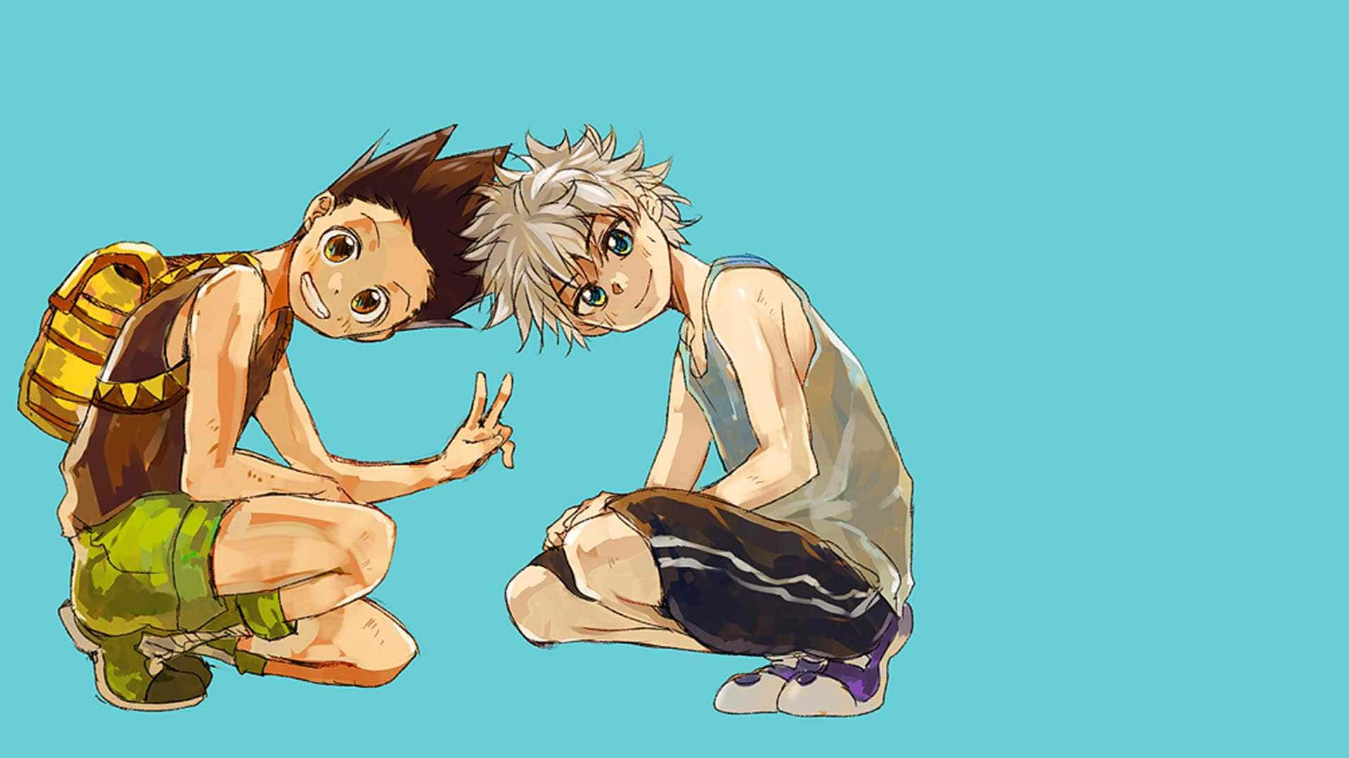 Hunter X Hunter, teal background, anime boys, Full HD Desktop Wallpaper