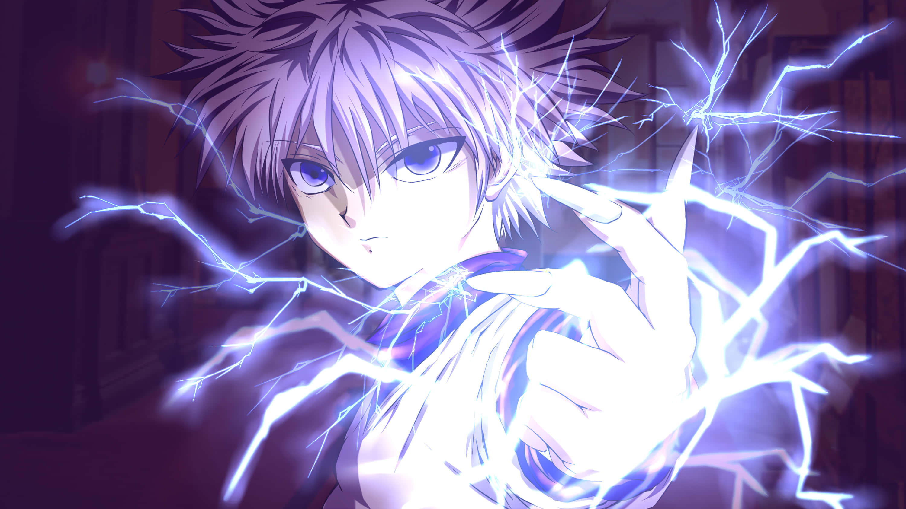 Hunter X Hunter, spiky white hair, crackling blue lightning, 2K Desktop Wallpaper
