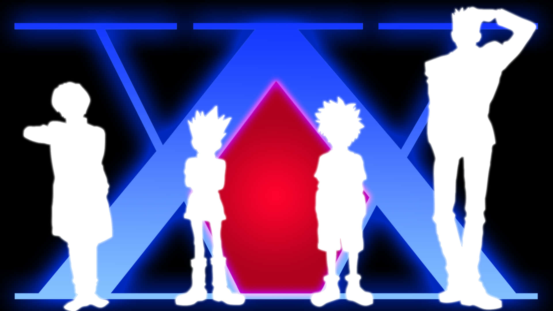 Hunter X Hunter, white silhouetted anime characters, glowing blue and red geometric portal, Full HD Desktop Wallpaper