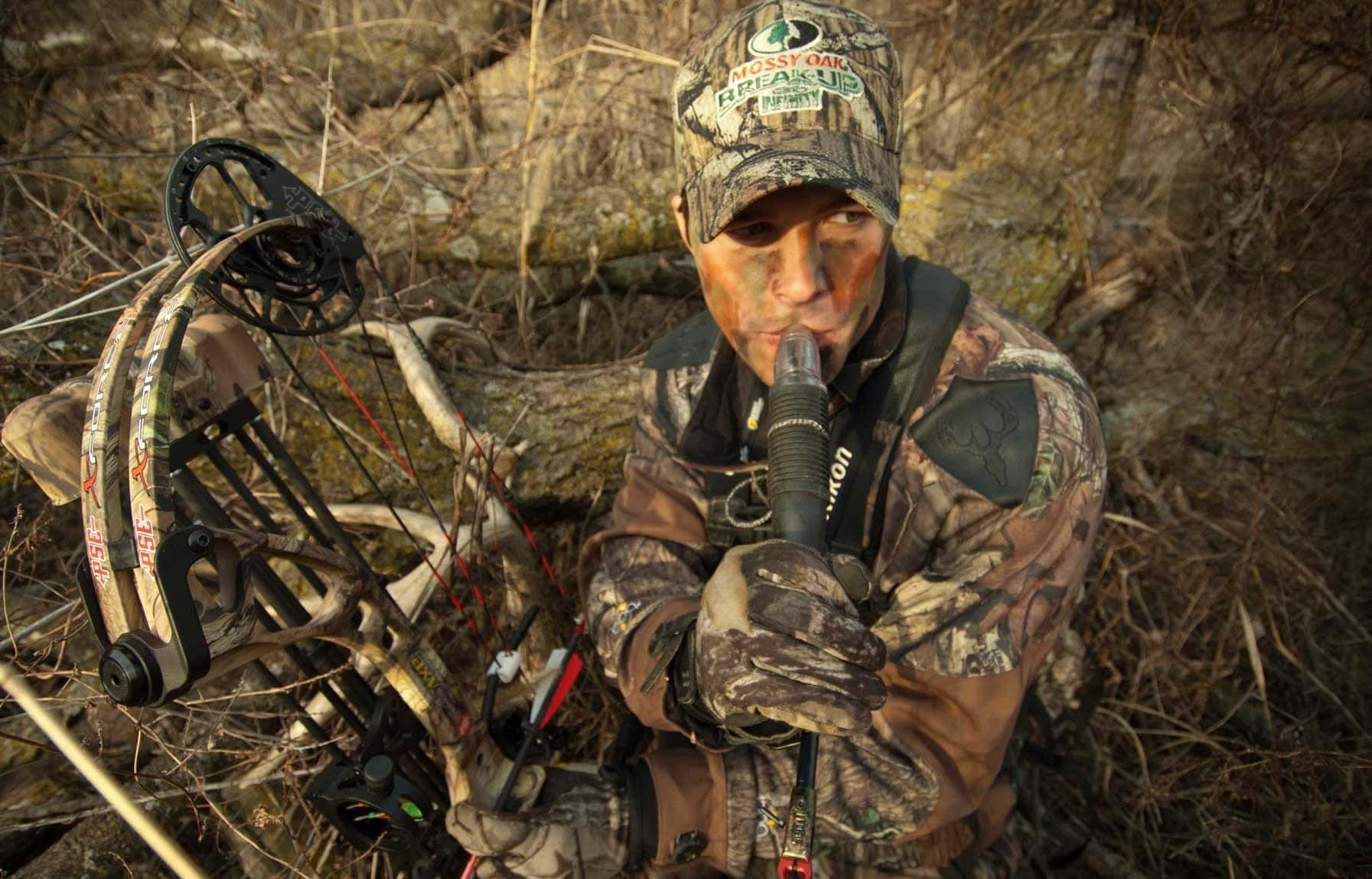 hunting camo, compound bow, mouth call, HD Desktop Wallpaper