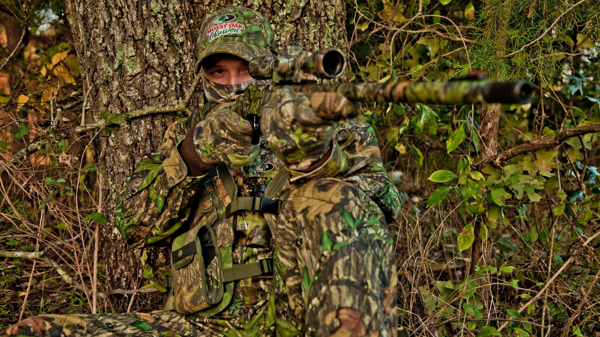 Hunting Camo, scoped rifle, autumn forest, Full HD Desktop Wallpaper