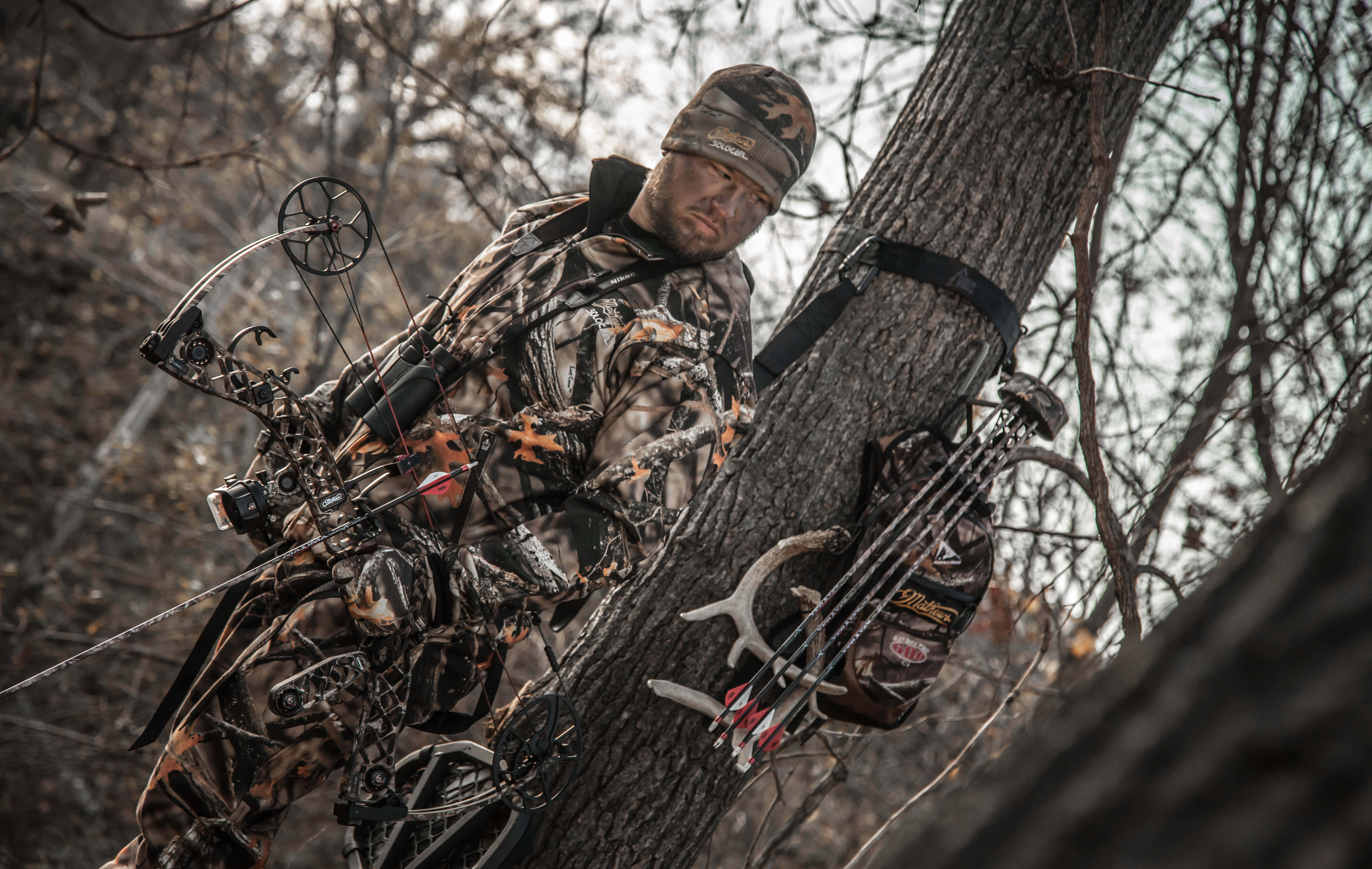 Hunting Camo, compound bow, antlers, 5K Desktop Wallpaper