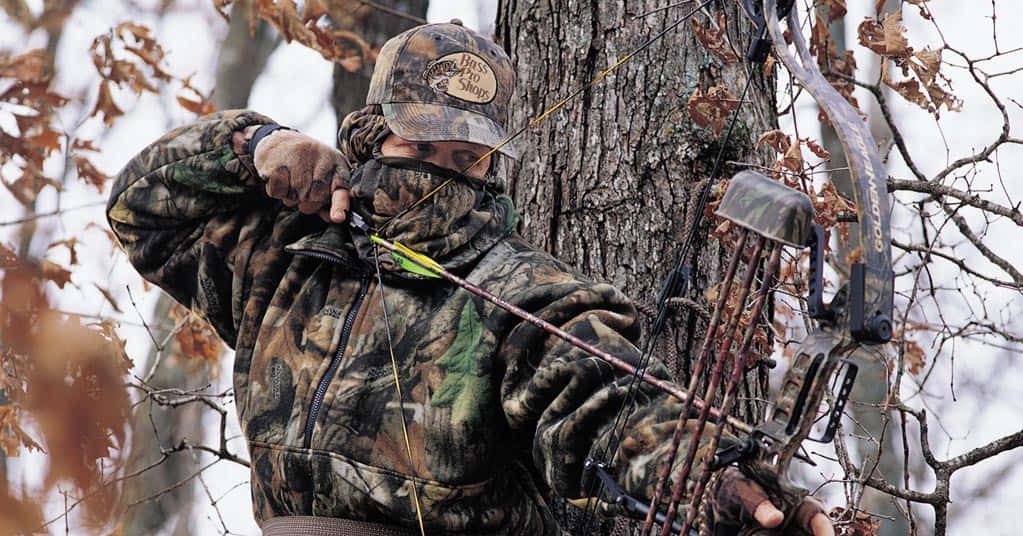 hunting camo, compound bow, bare winter trees, SD Desktop Wallpaper