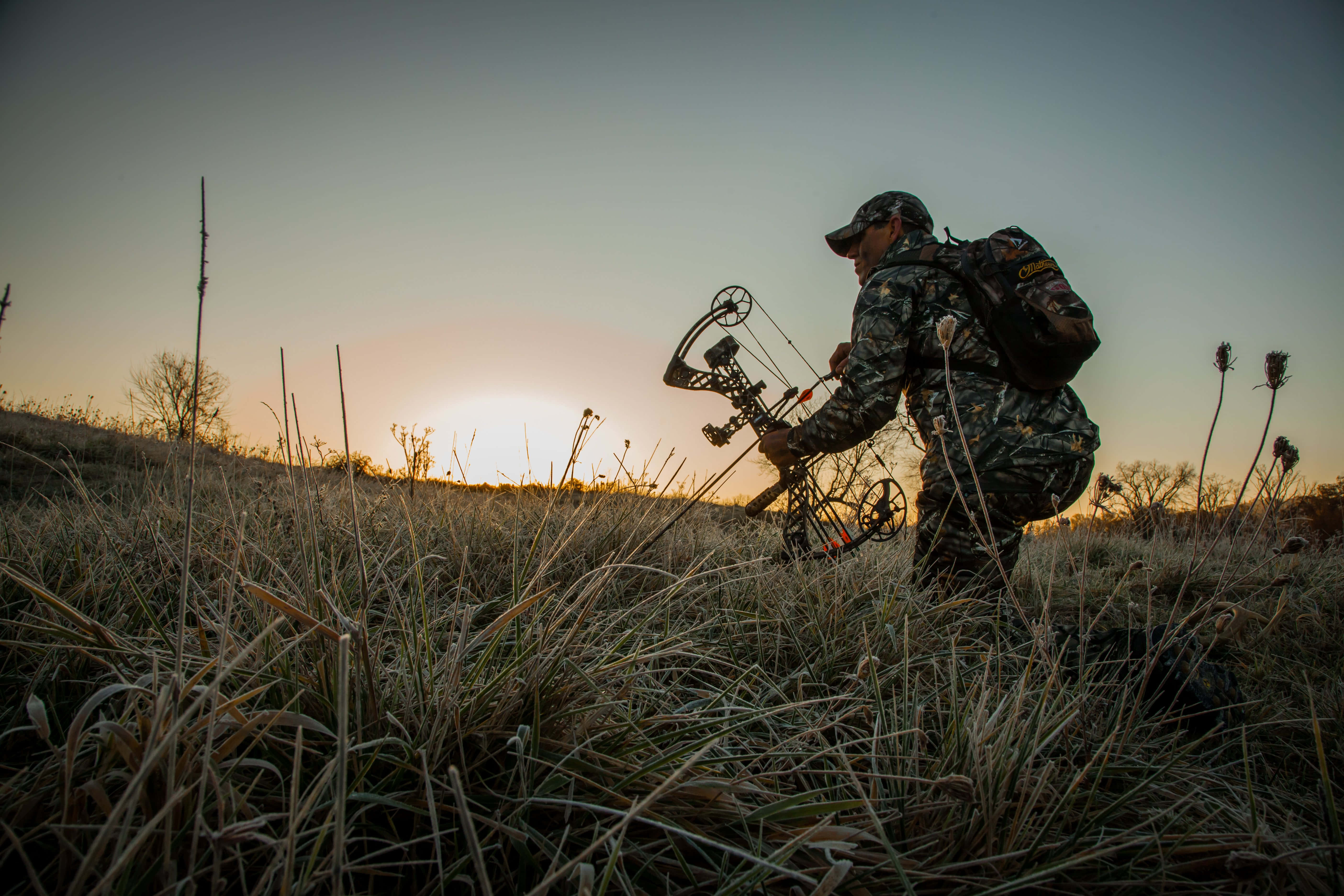 hunting camo, compound bow, sunset, 5K Desktop Wallpaper