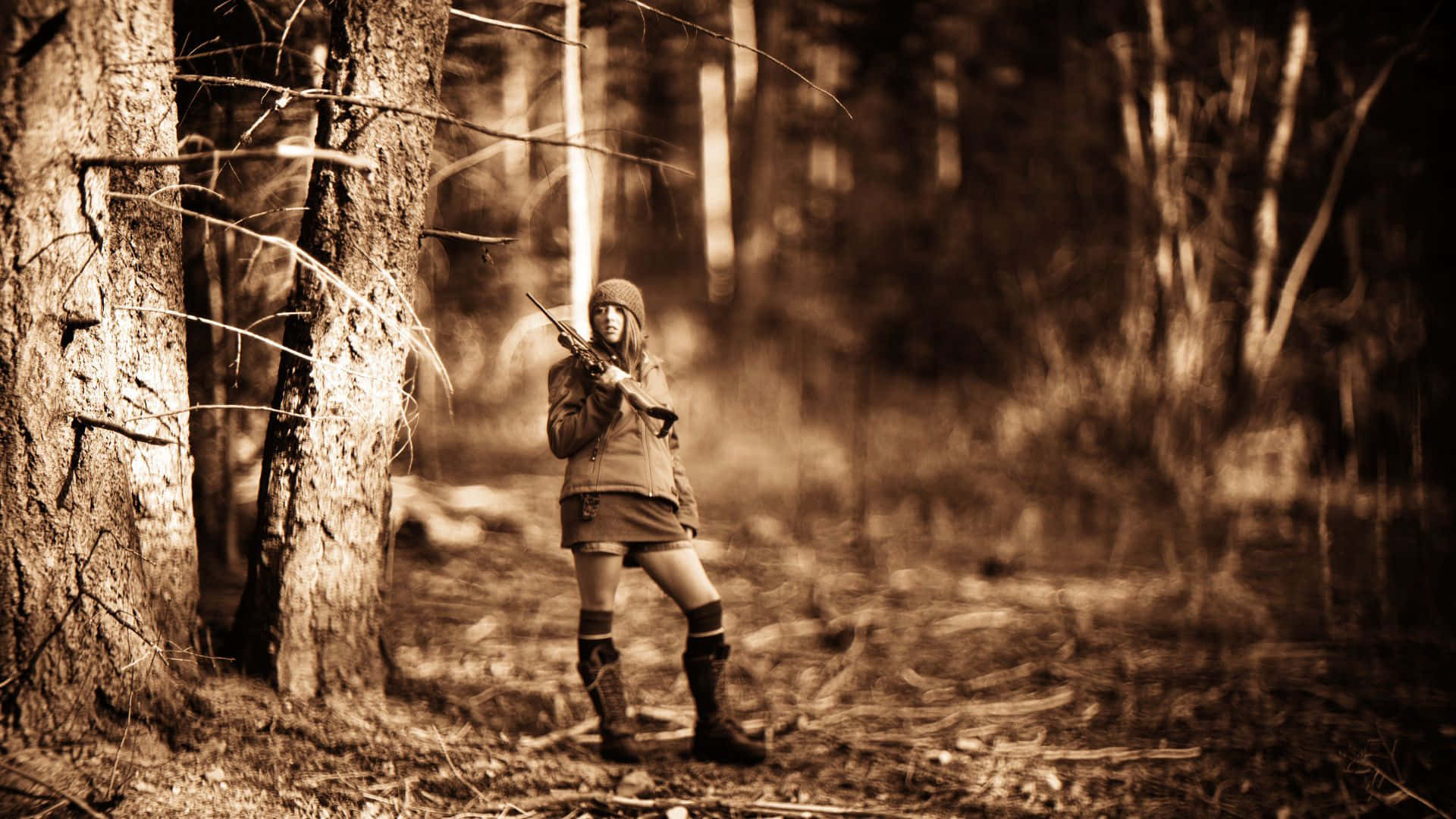 Hunting Desktop, sepia tone, forest, Full HD Desktop Wallpaper