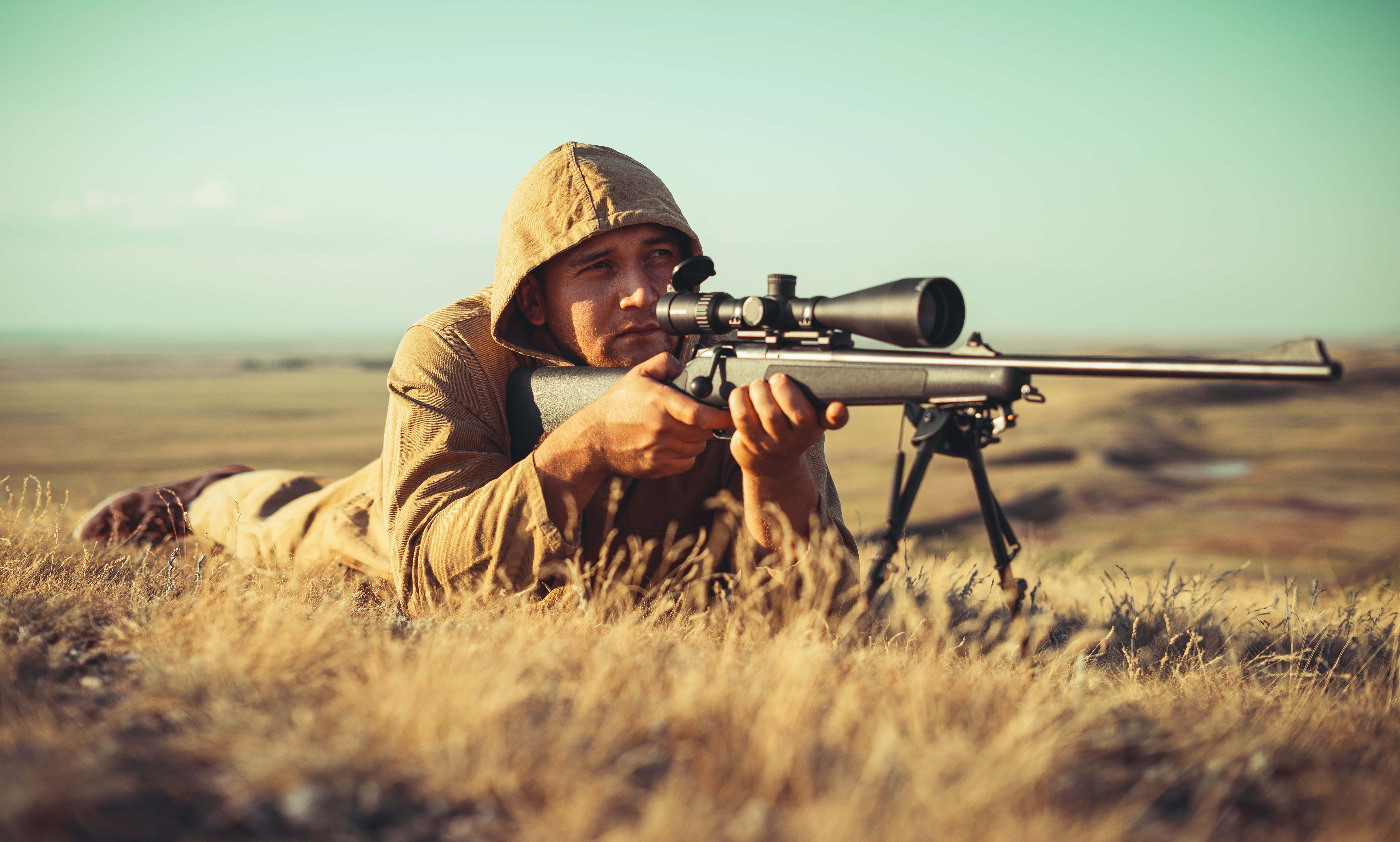 Hunting Desktop, tan gear, scoped rifle, 8K Desktop Wallpaper
