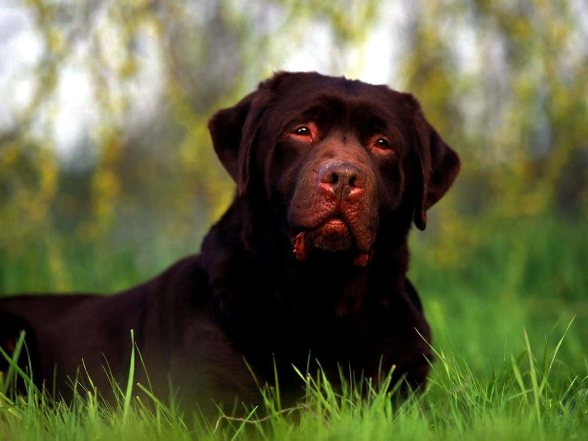chocolate Labrador Retriever, vibrant green grass, blurred yellow foliage, SD Desktop Wallpaper