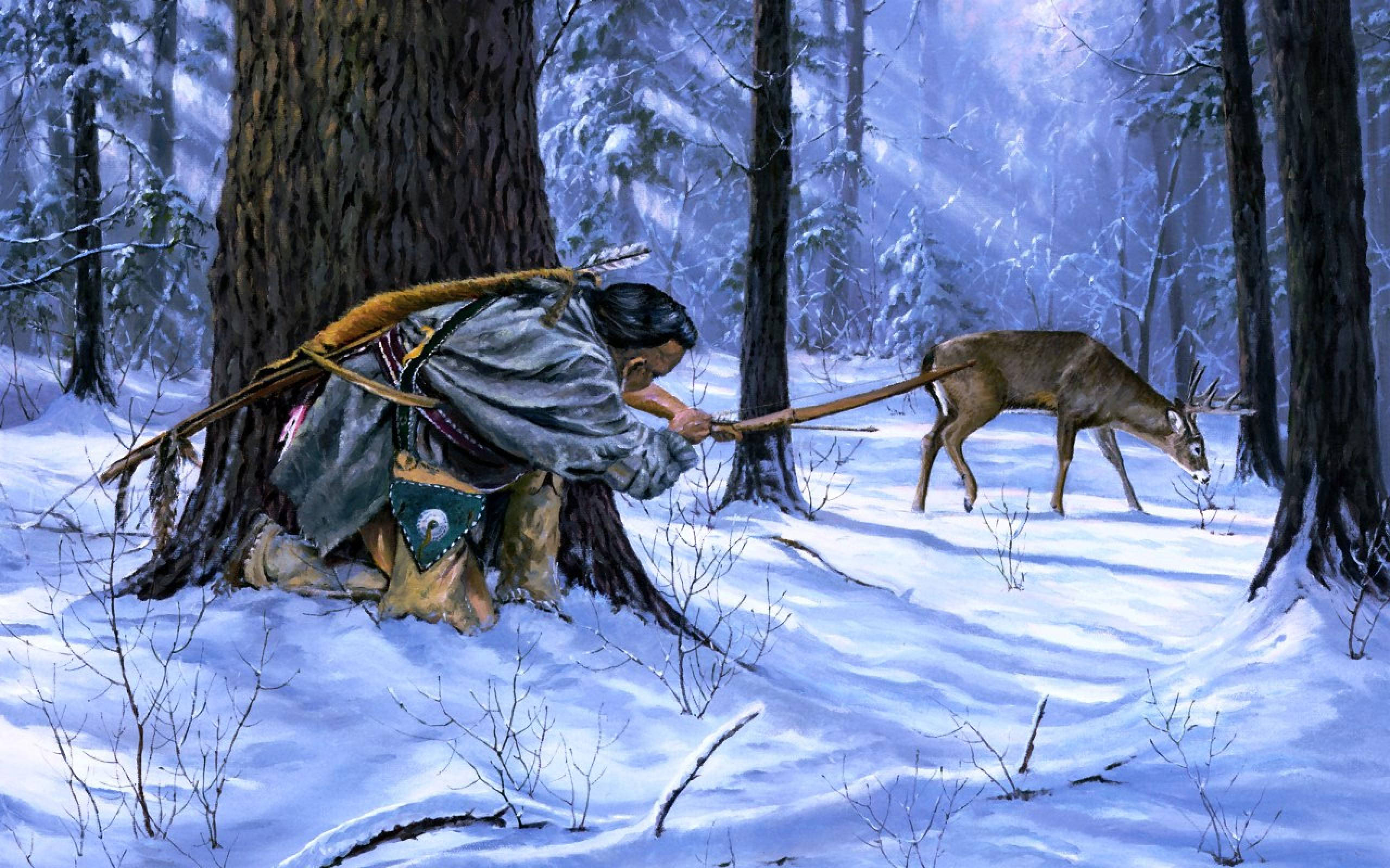 Native American hunter, winter forest, tree, 2K Desktop Wallpaper