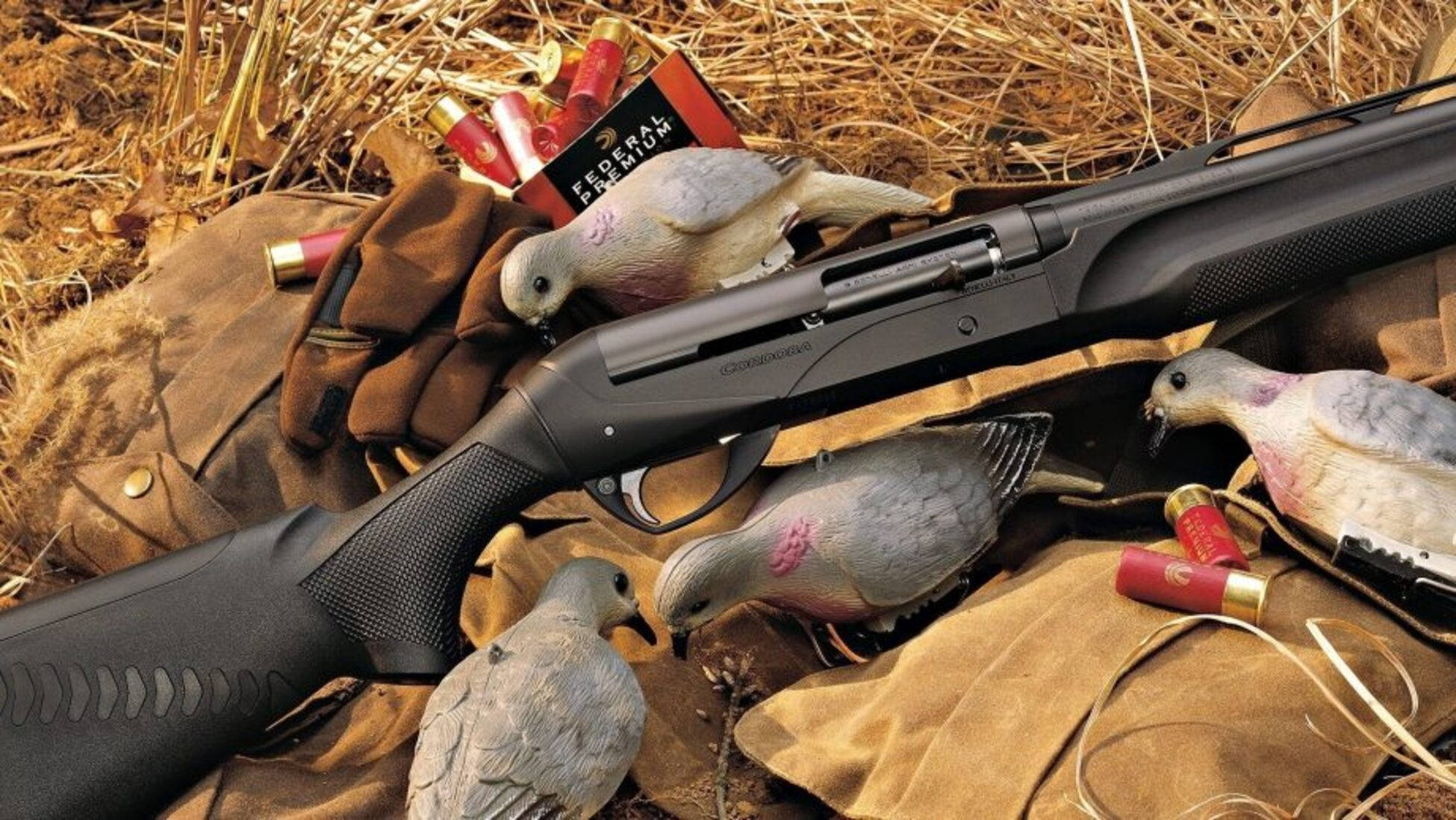 black shotgun, brown leather gear, dove decoys, Full HD Desktop Wallpaper