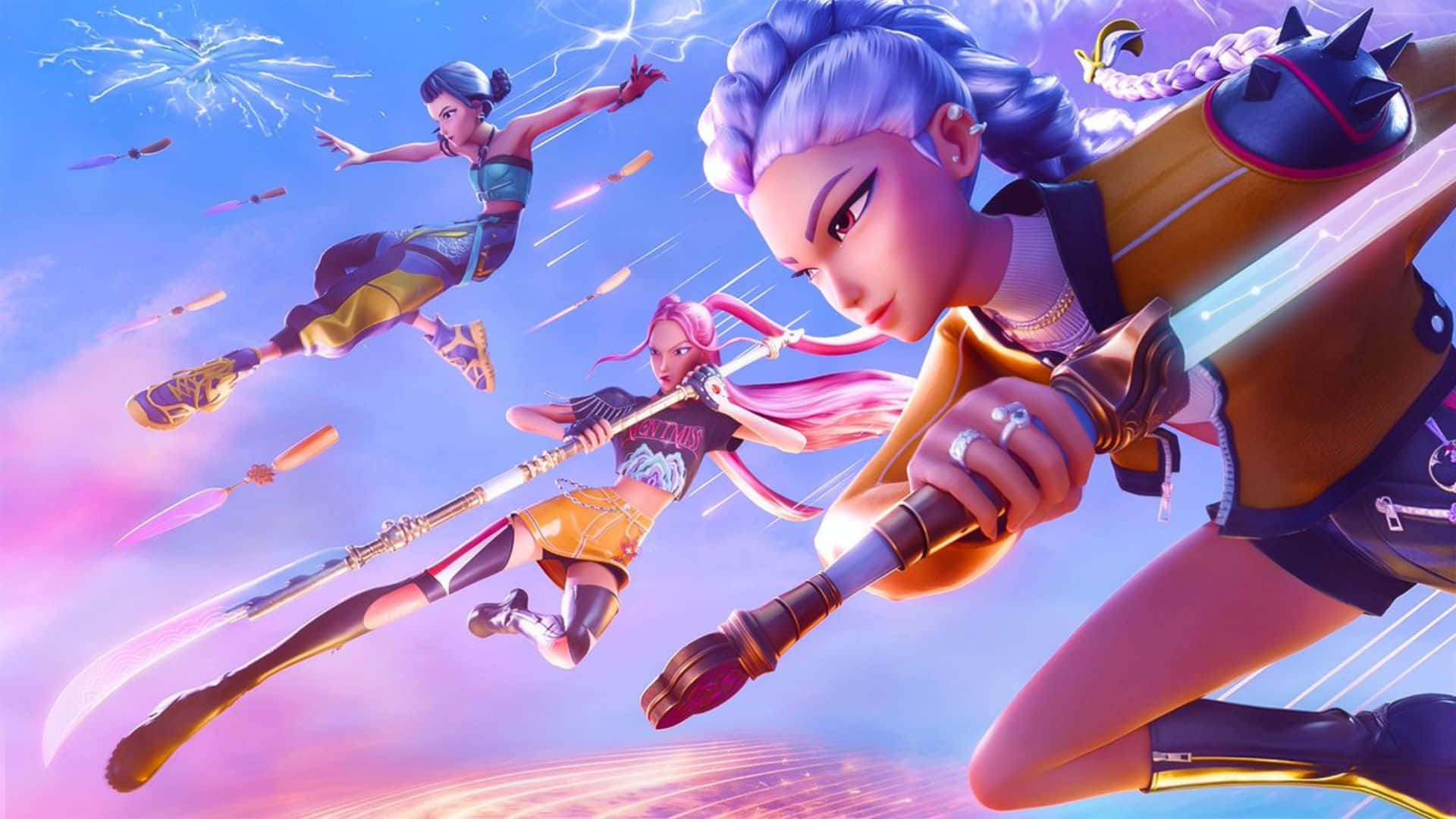 Huntrix Team, animated warriors, vibrant sky, Full HD Desktop Wallpaper