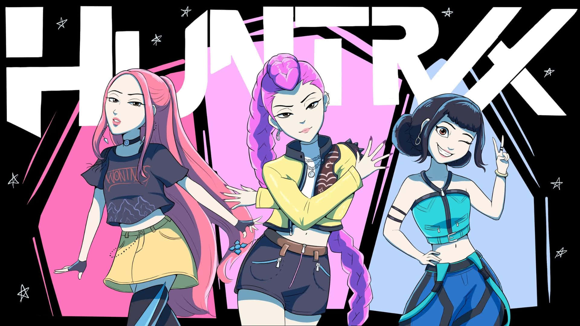 Huntrix, anime girls, vibrant hair, Full HD Desktop Wallpaper