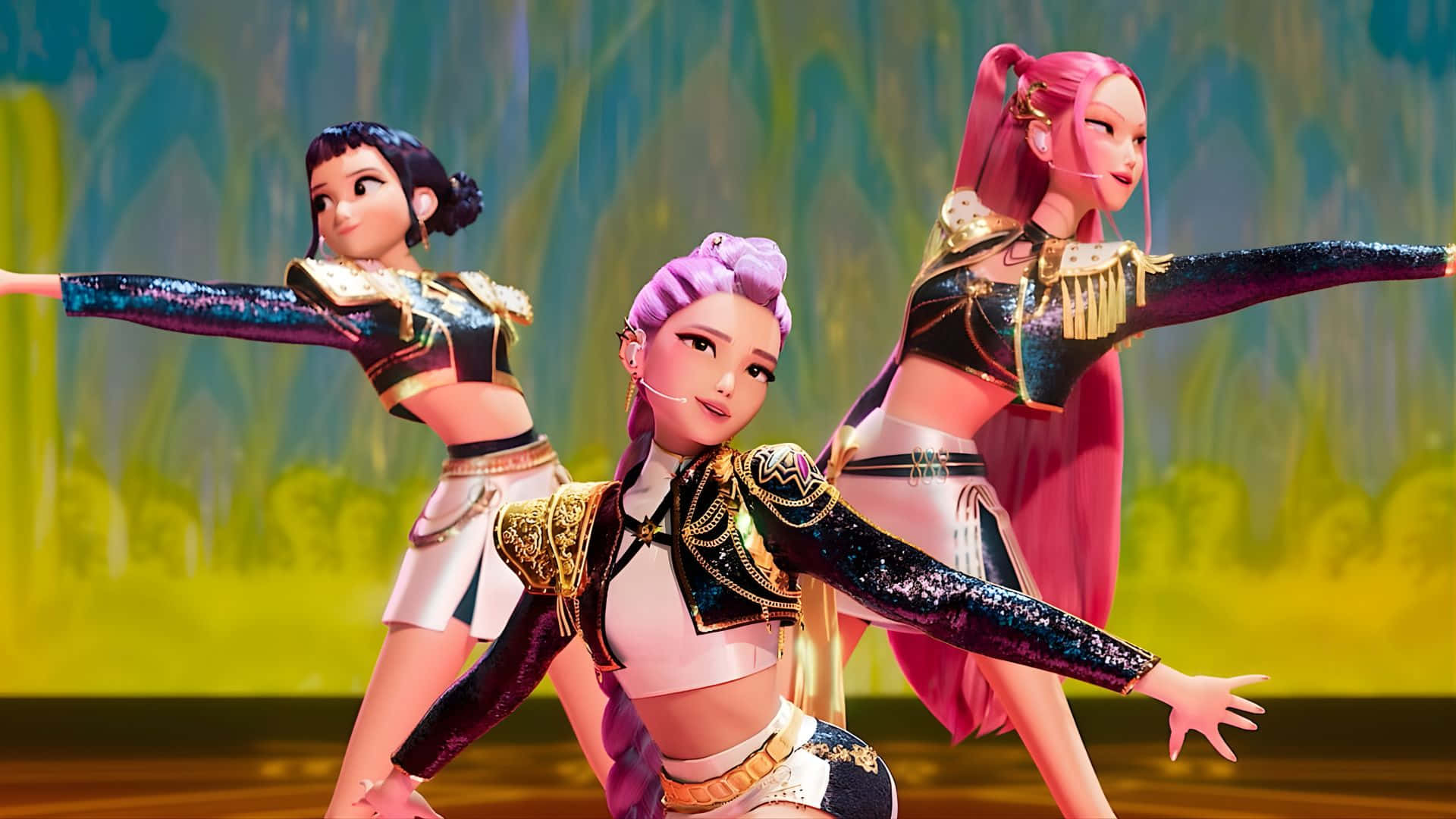 Huntrix, dynamic team poses, glittering black gold outfits, Full HD Desktop Wallpaper