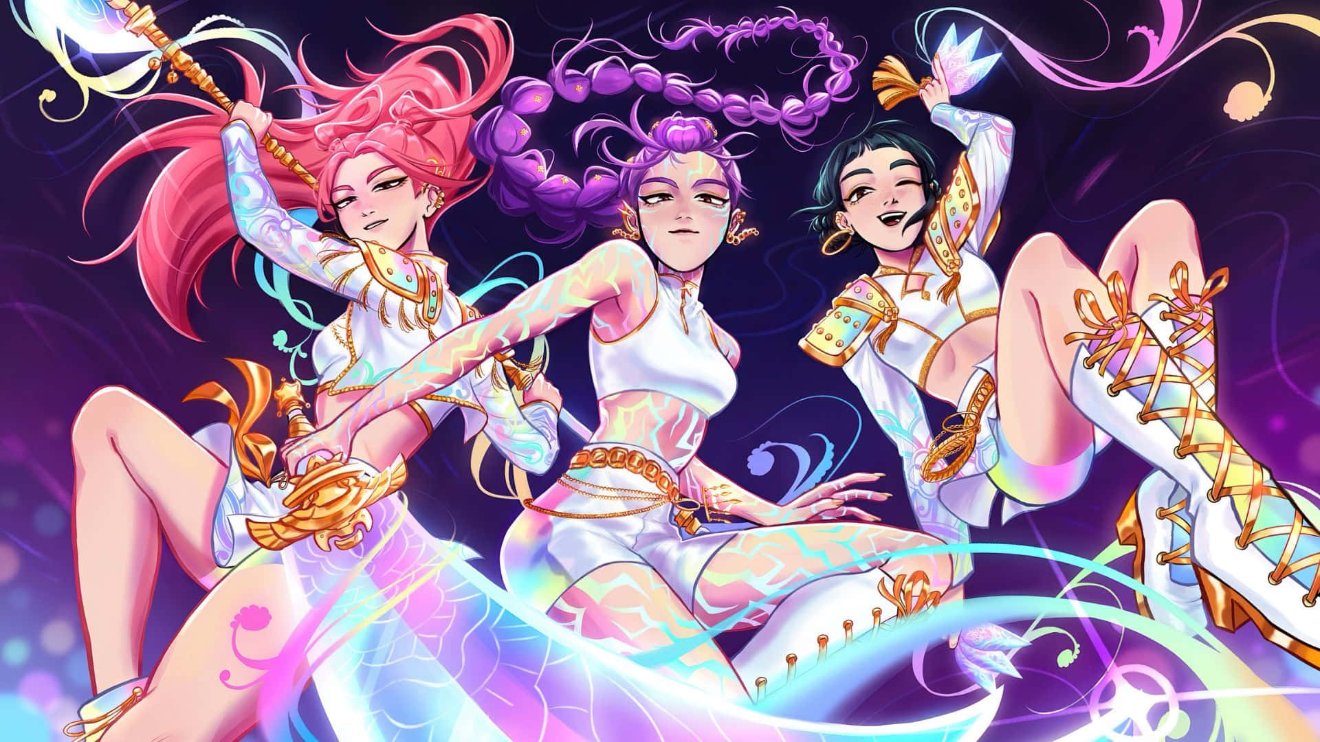 Huntrix, magical girl trio, glowing white and gold armor, Full HD Desktop Wallpaper