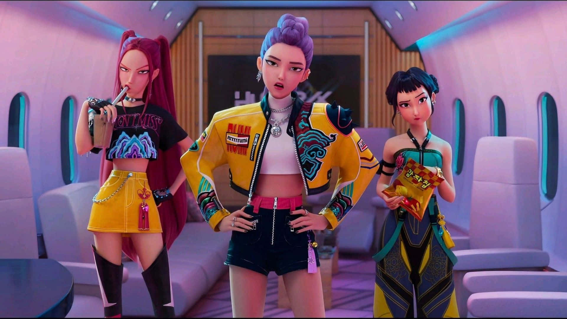 Huntrix, animated girls, bold streetwear, Full HD Desktop Wallpaper