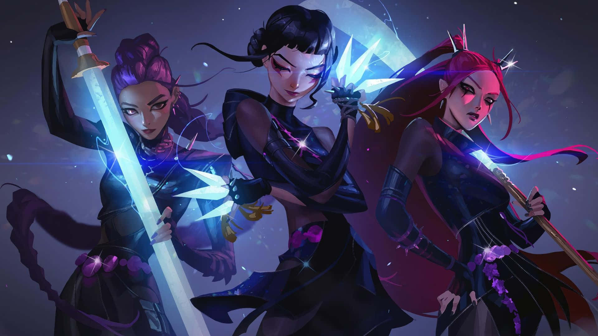 Huntrix, fantasy warriors, glowing weapons, Full HD Desktop Wallpaper