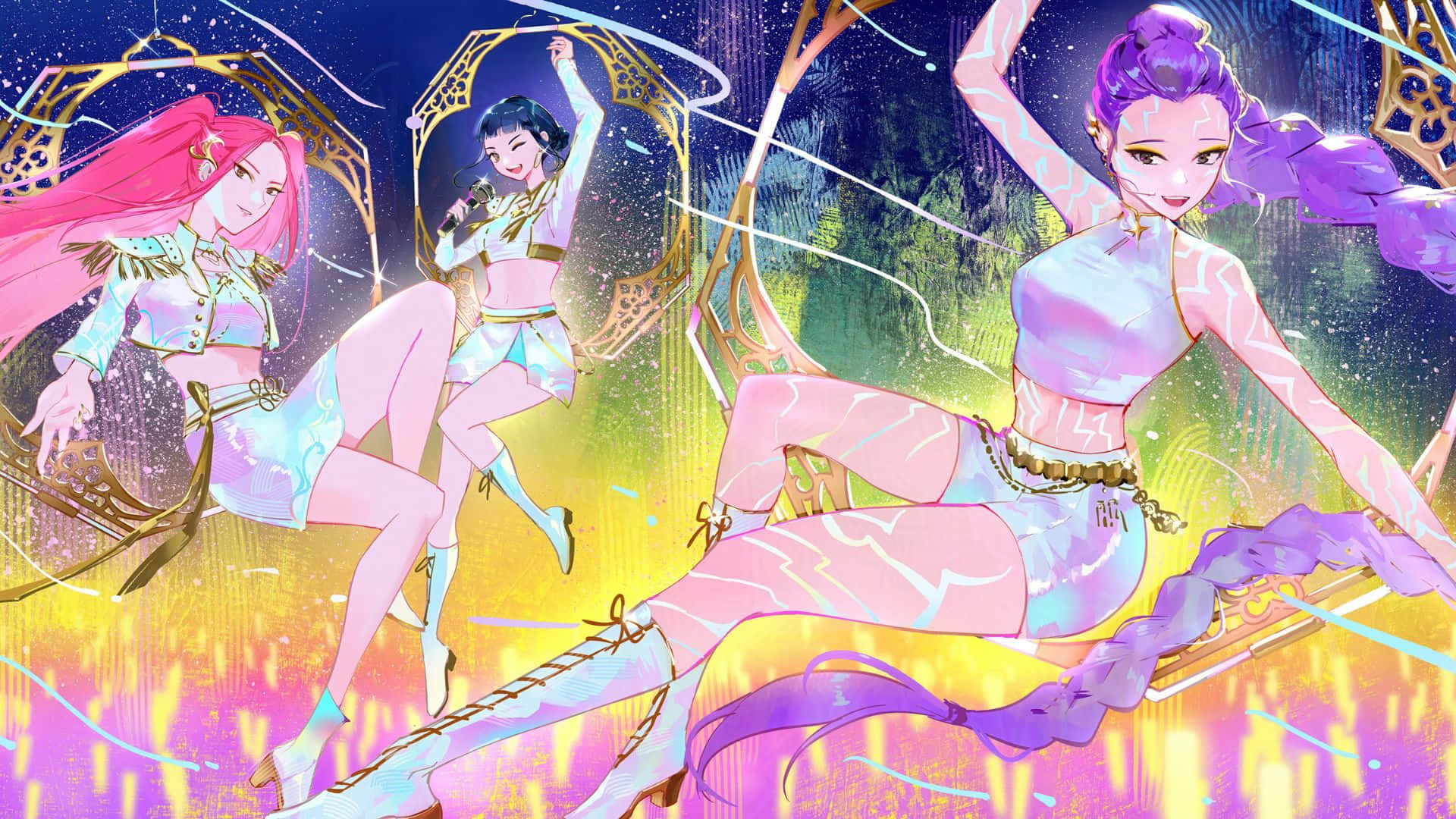 Huntrix, magical girl transformation, cosmic neon background, Full HD Desktop Wallpaper