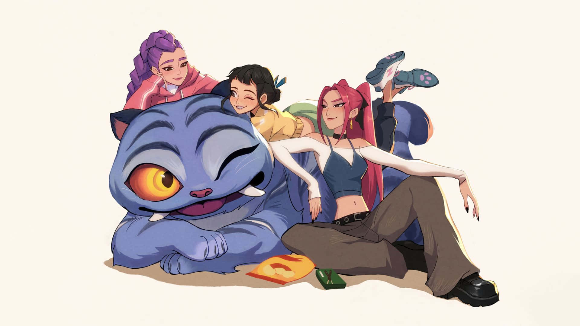 Huntrix, anime girls, blue cat, Full HD Desktop Wallpaper