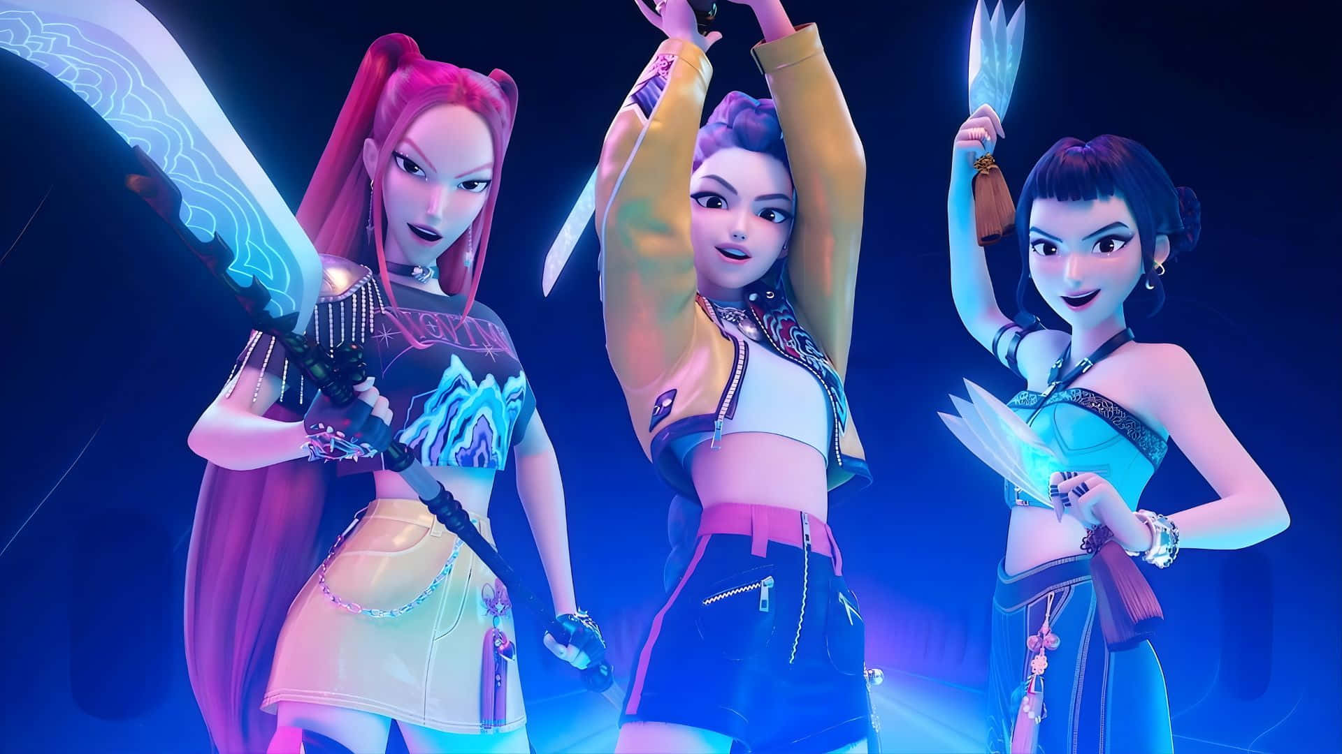 Huntrix, anime girls, vibrant neon outfits, Full HD Desktop Wallpaper