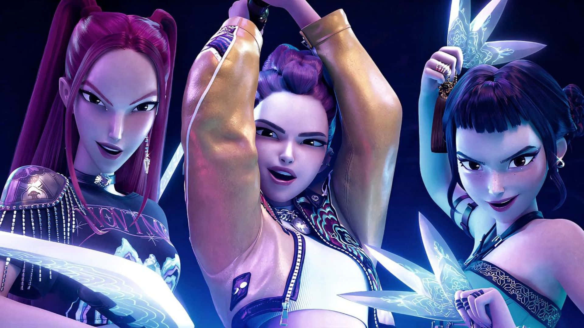 Huntrix, animated female warriors, glowing blades, Full HD Desktop Wallpaper