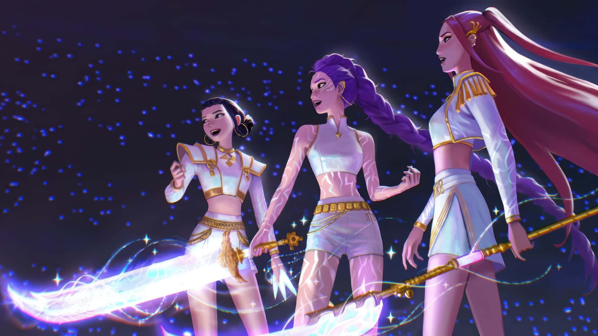 Huntrix, anime characters, white and gold armor, Full HD Desktop Wallpaper