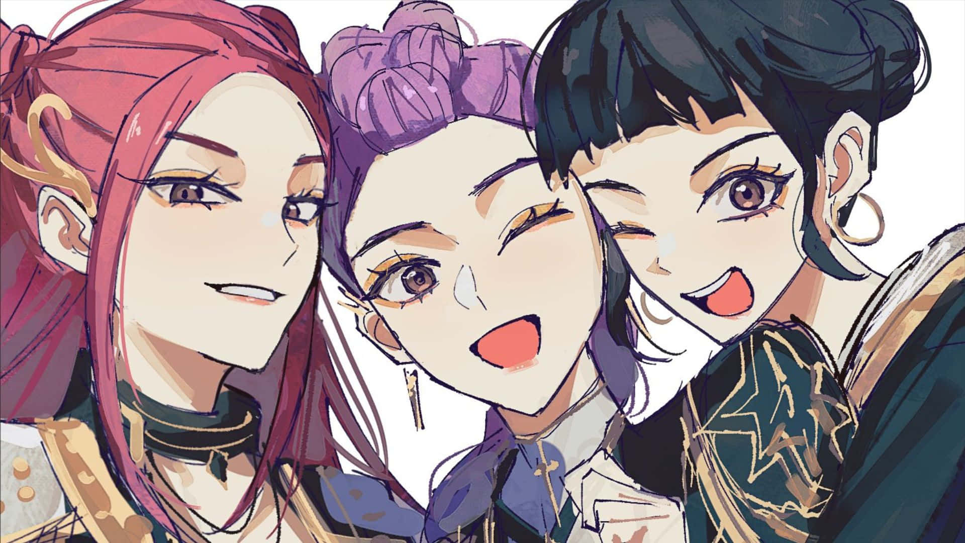 Huntrix, anime-style girls, vibrant hair colors, Full HD Desktop Wallpaper