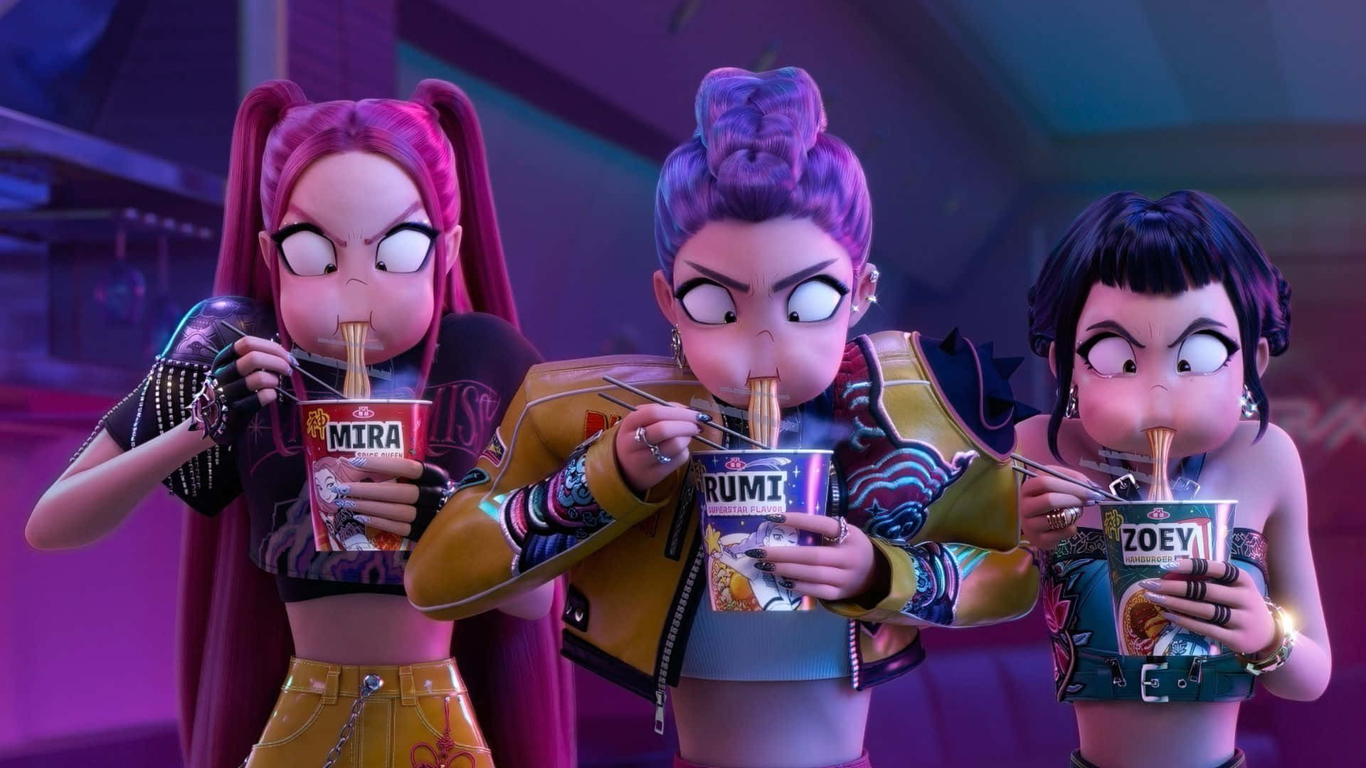 Huntrix, animated characters, noodles, Full HD Desktop Wallpaper