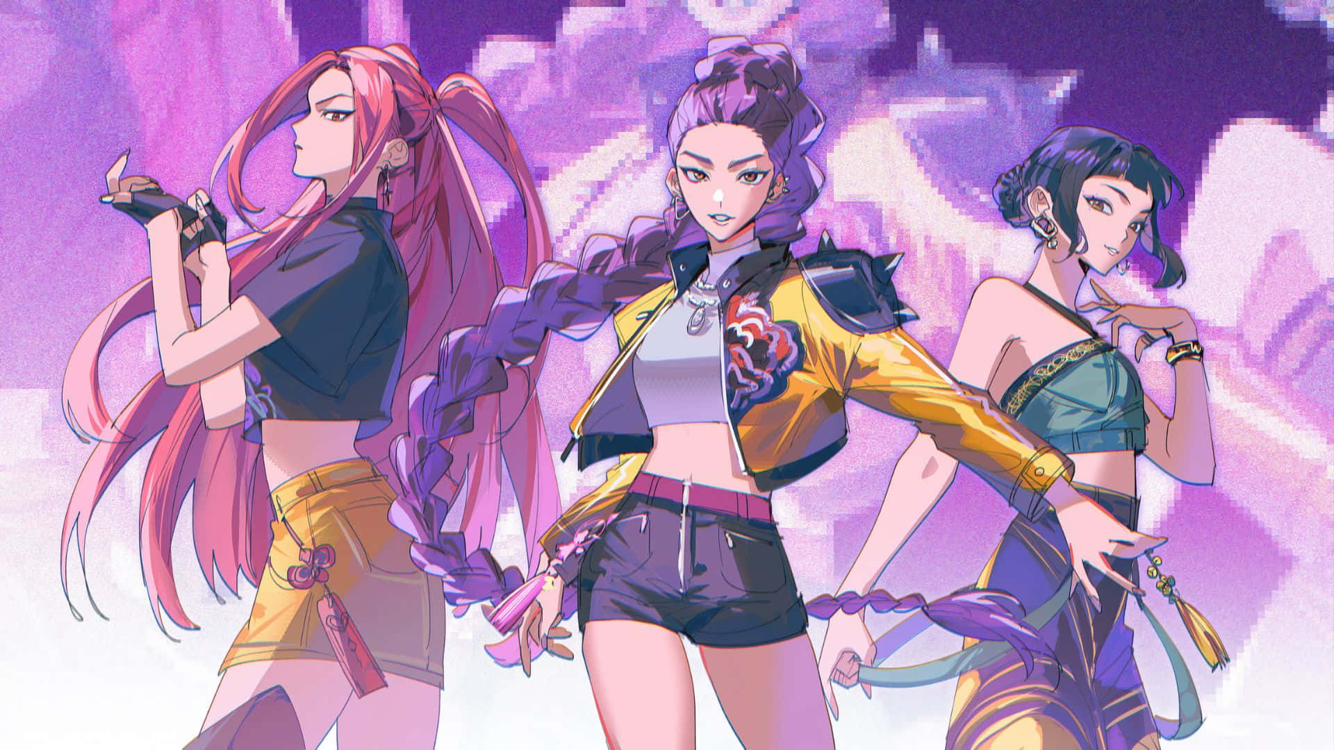 Huntrix, anime-style women, vibrant outfits, Full HD Desktop Wallpaper