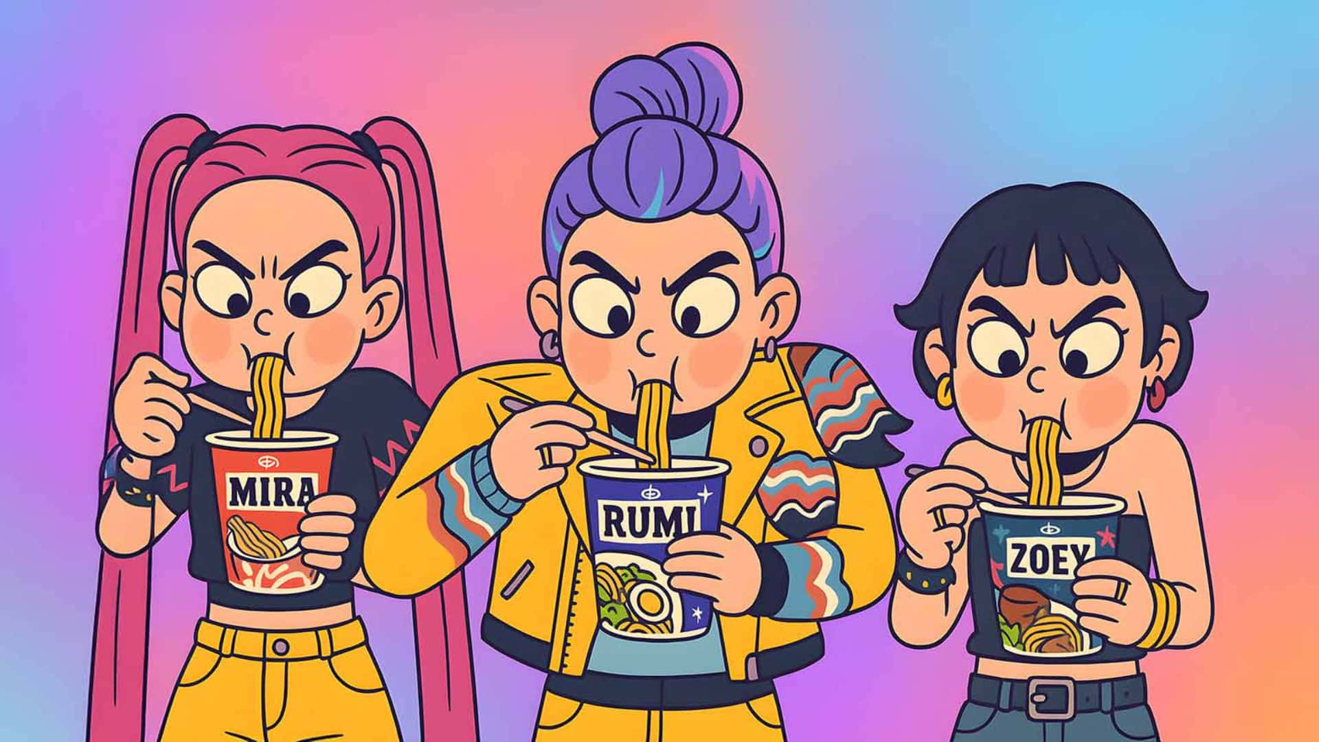 Huntrix, cartoon girls, angry expressions, Full HD Desktop Wallpaper