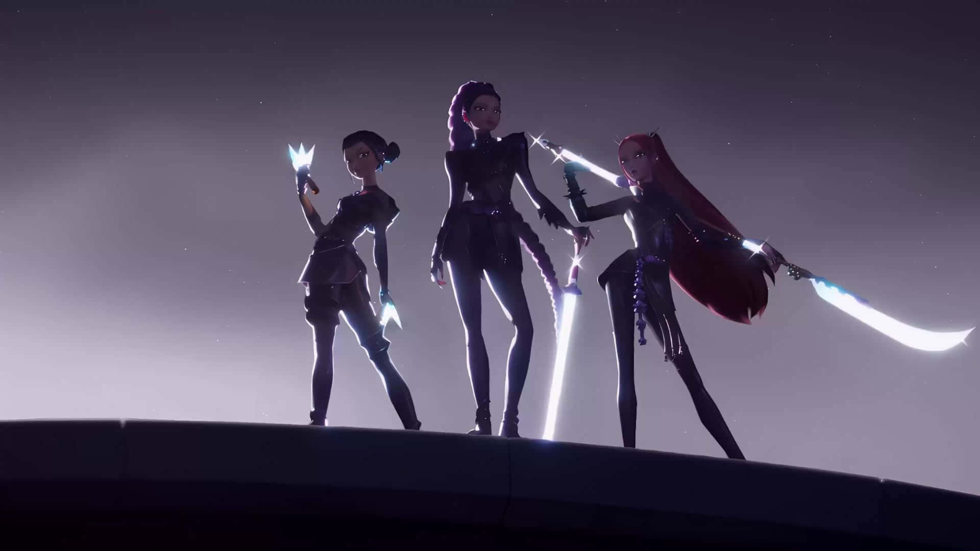 Huntrix, animated warriors, glowing swords, Full HD Desktop Wallpaper