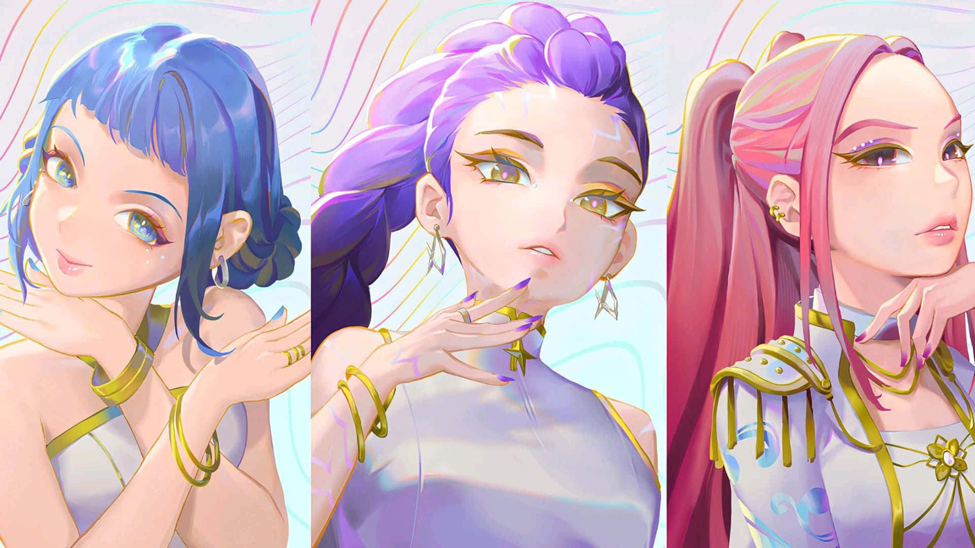 Huntrix, anime-style women, blue purple and pink hair, Full HD Desktop Wallpaper
