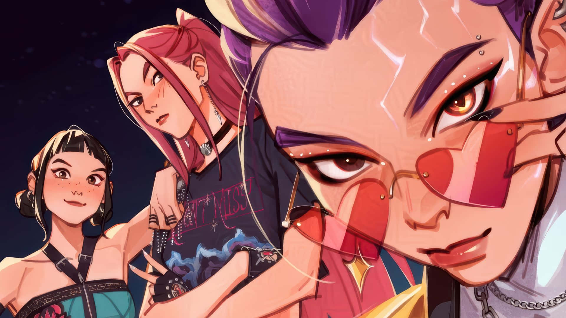 Huntrix, anime-style girls, bold makeup, Full HD Desktop Wallpaper