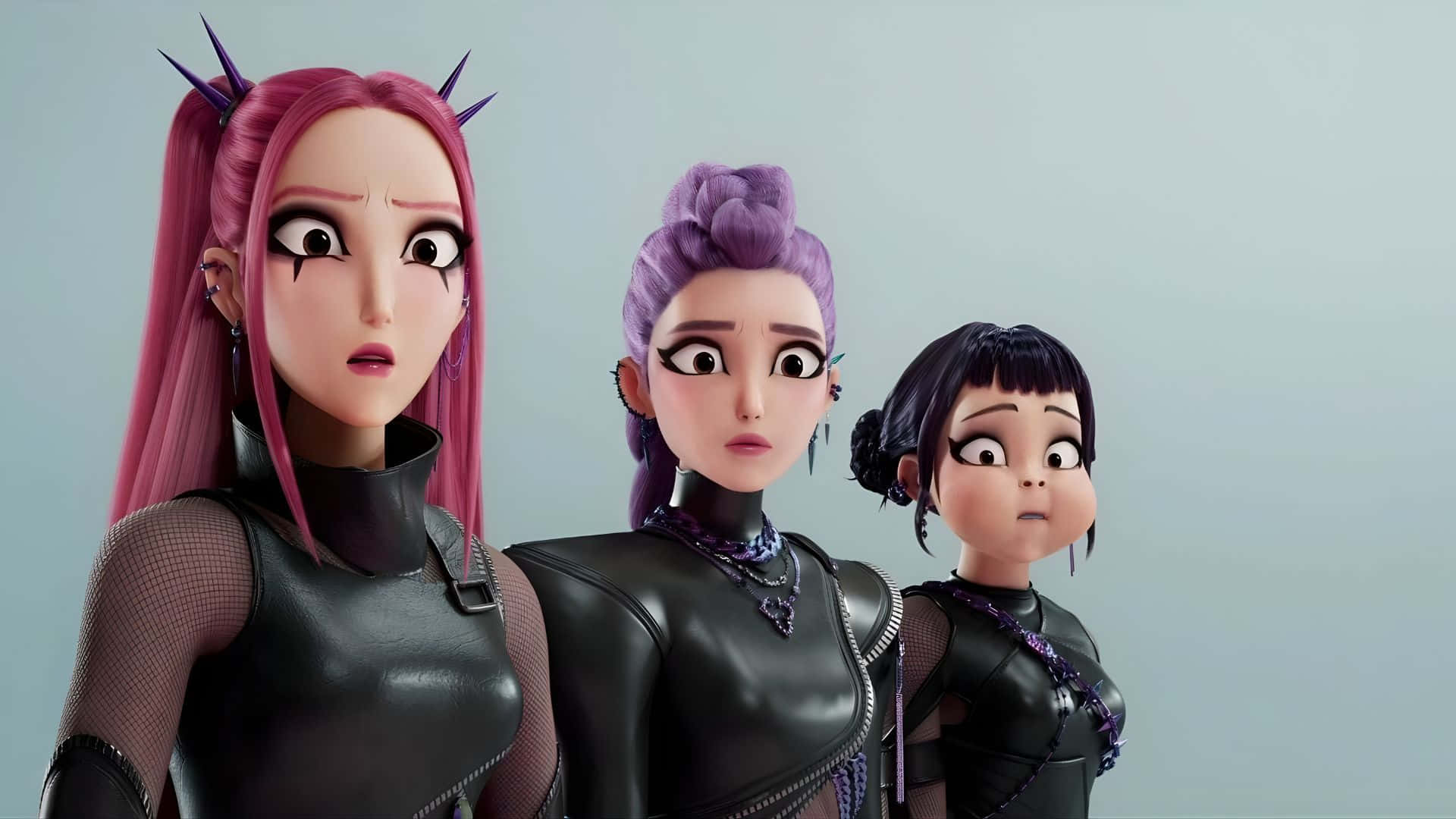 Huntrix, animated female characters, pink purple and black hair, Full HD Desktop Wallpaper