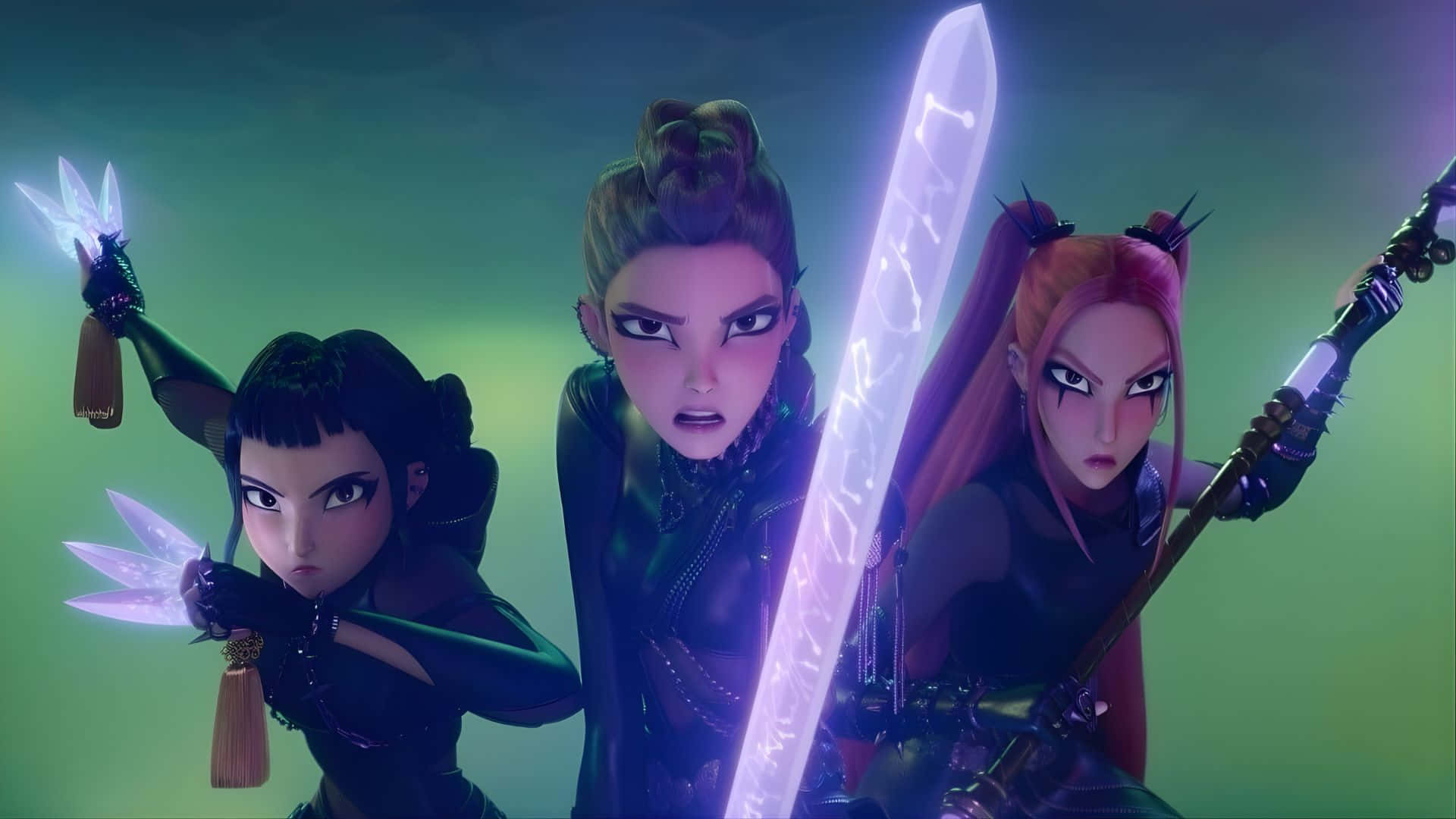 Huntrix, anime-style warrior girls, glowing weapons, Full HD Desktop Wallpaper