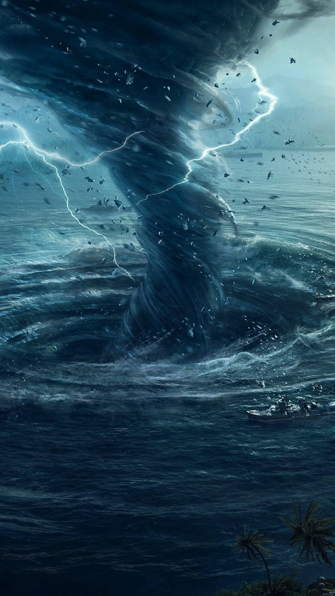 Hurricane In The Sea, oceanic tornado, lightning, Full HD Phone Wallpaper