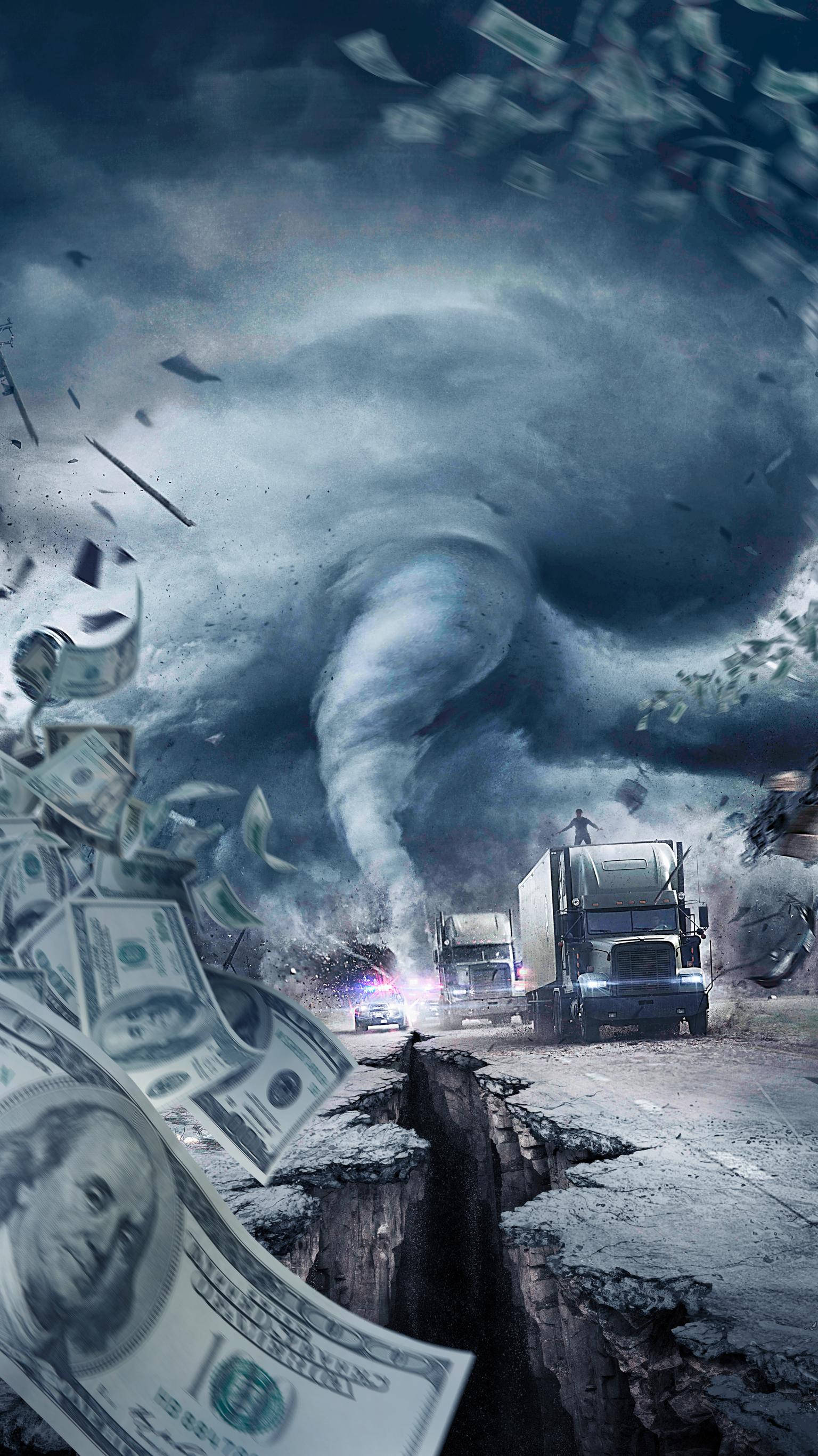 Hurricane, dollar bills, cracked road, 2K Phone Wallpaper