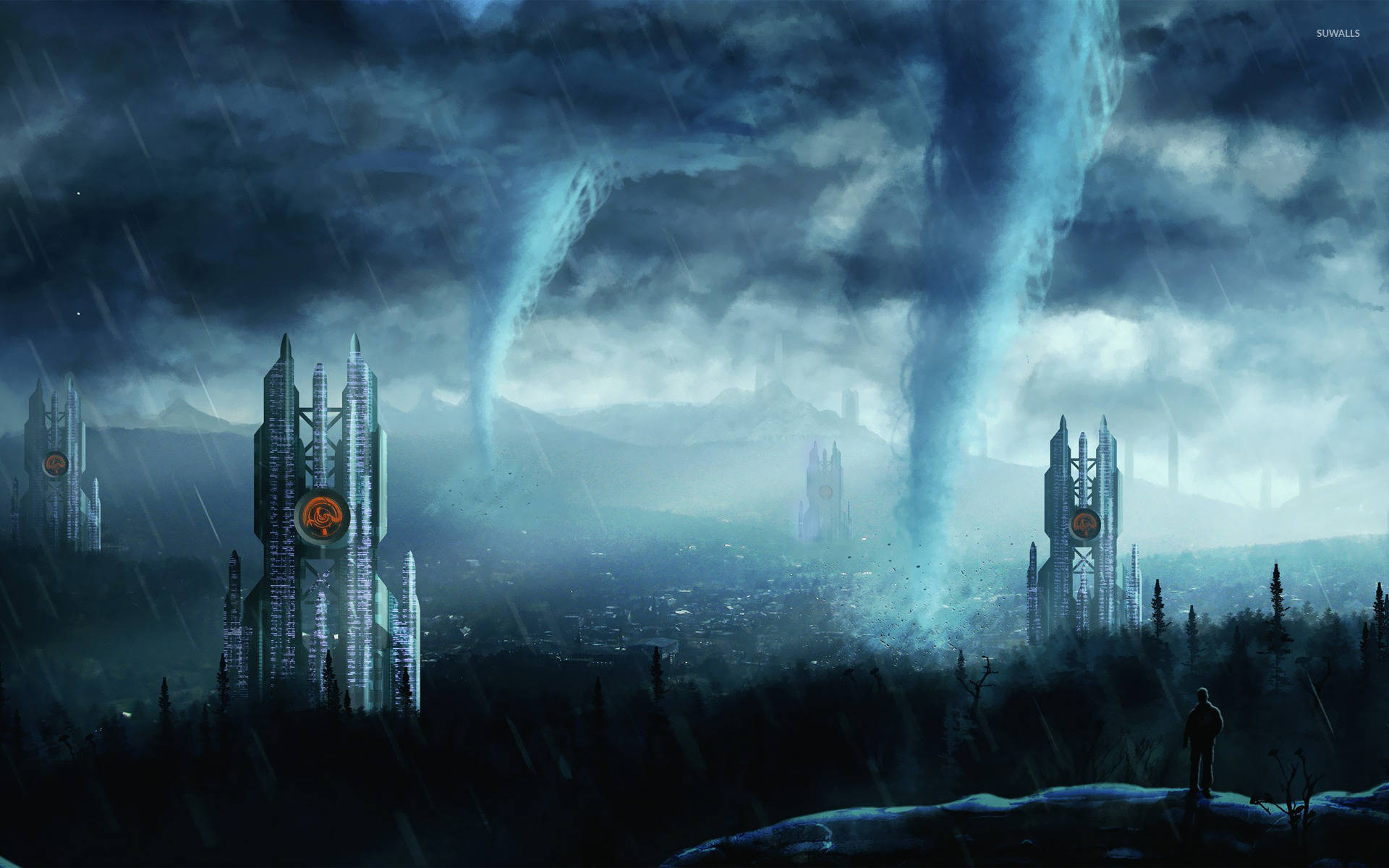 Fantasy Hurricane Animation, stormy futuristic city, glowing towers, Full HD Desktop Wallpaper
