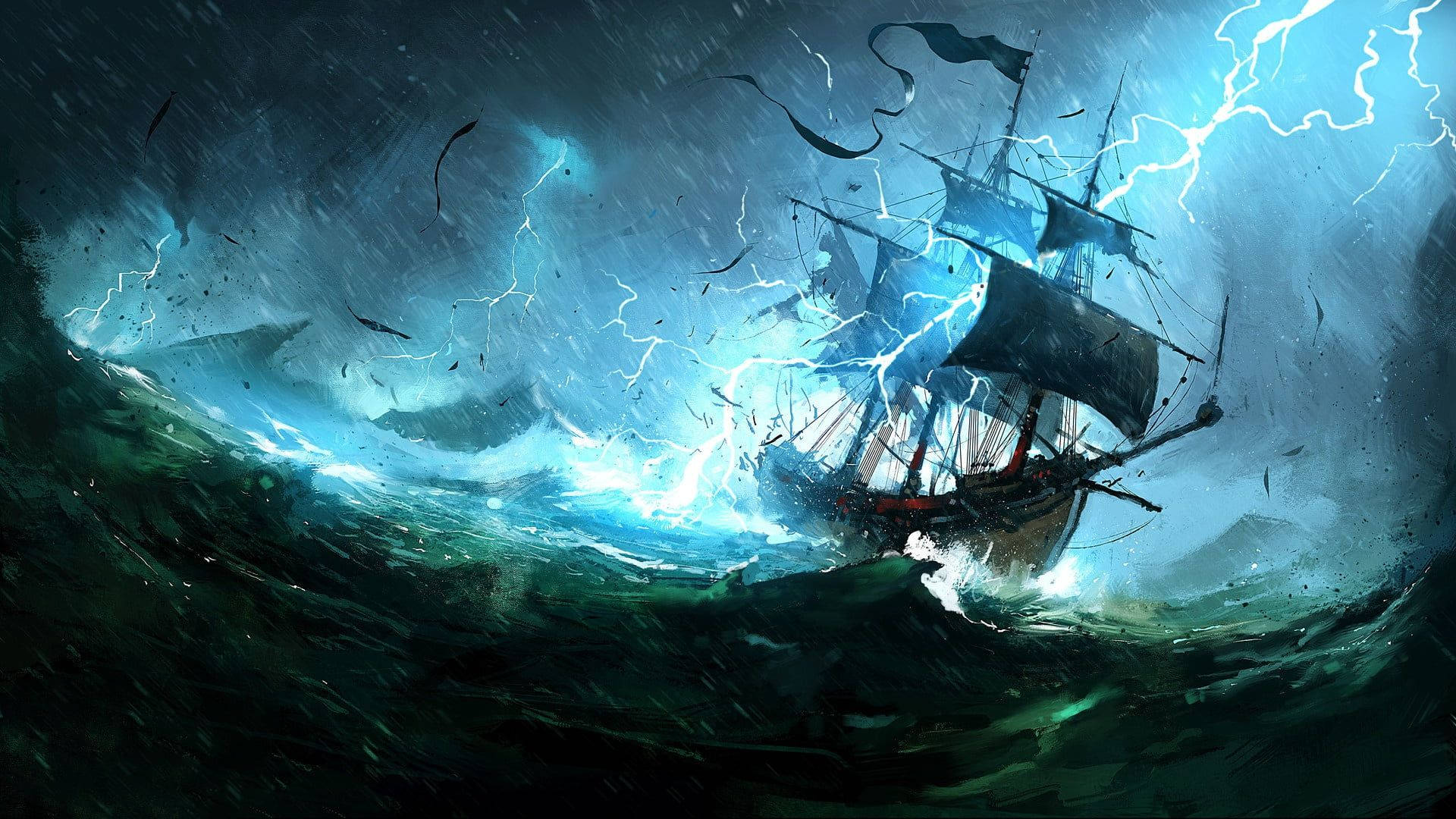 Hurricane, lightning, stormy seas, Full HD Desktop Wallpaper