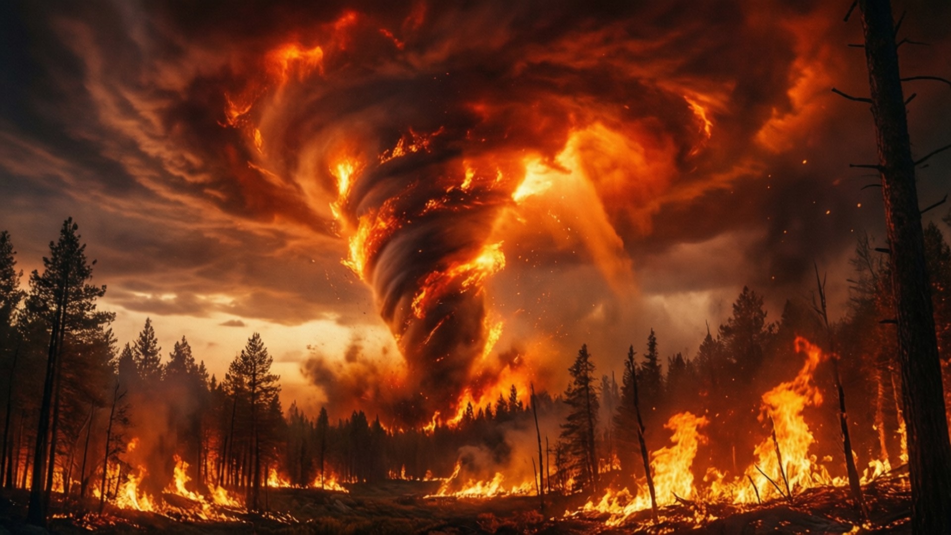 Fire Hurricane, colossal fiery tornado, forest, Full HD Desktop Wallpaper
