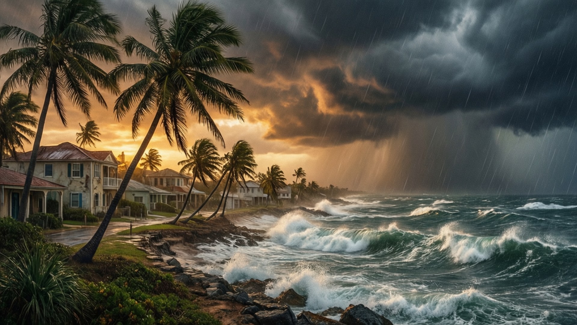 Hurricane, Sunset, Rocky shore, Full HD Desktop Wallpaper