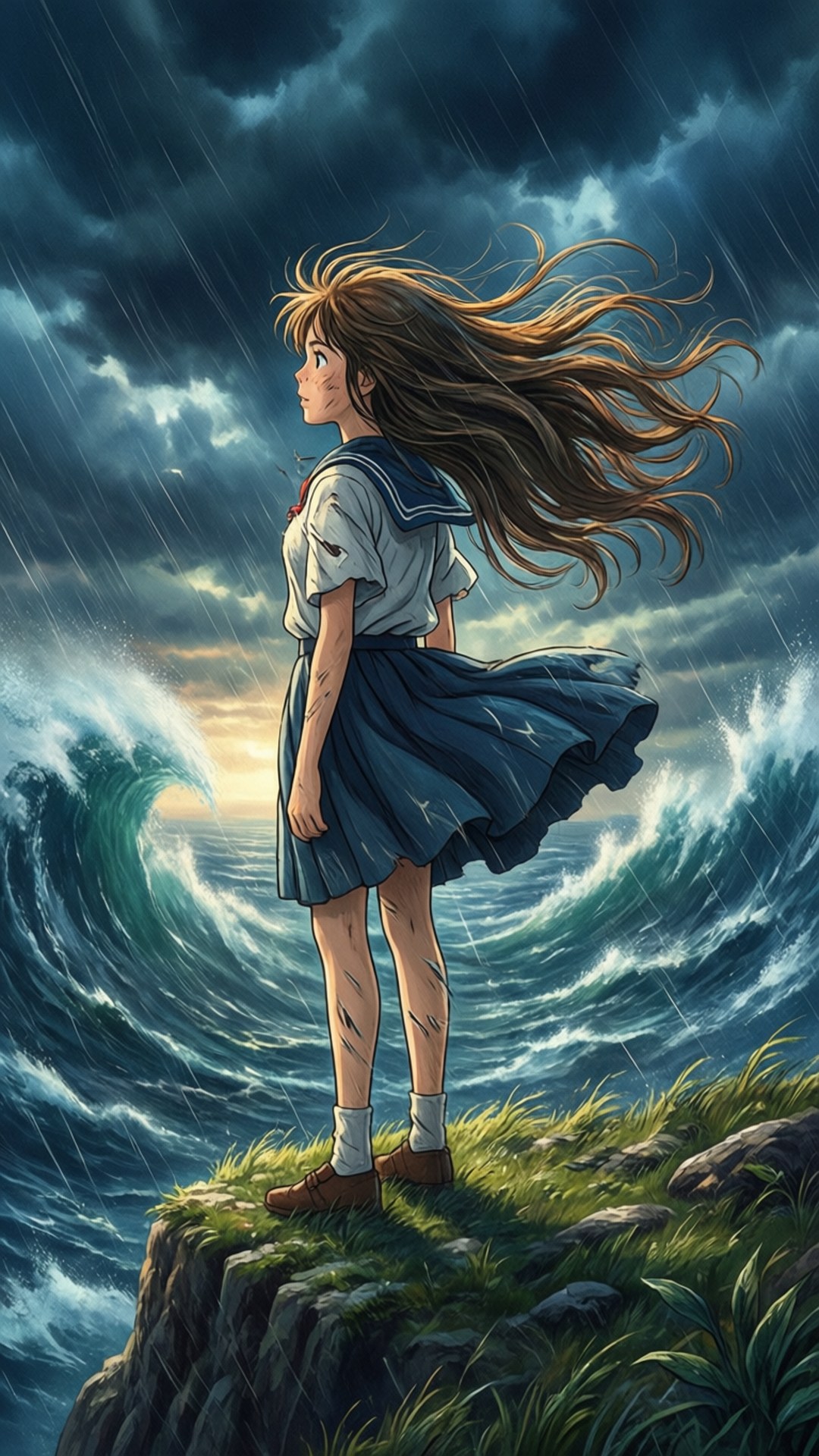 Anime Hurricane Girl, school uniform, cliff edge, Full HD Phone Wallpaper