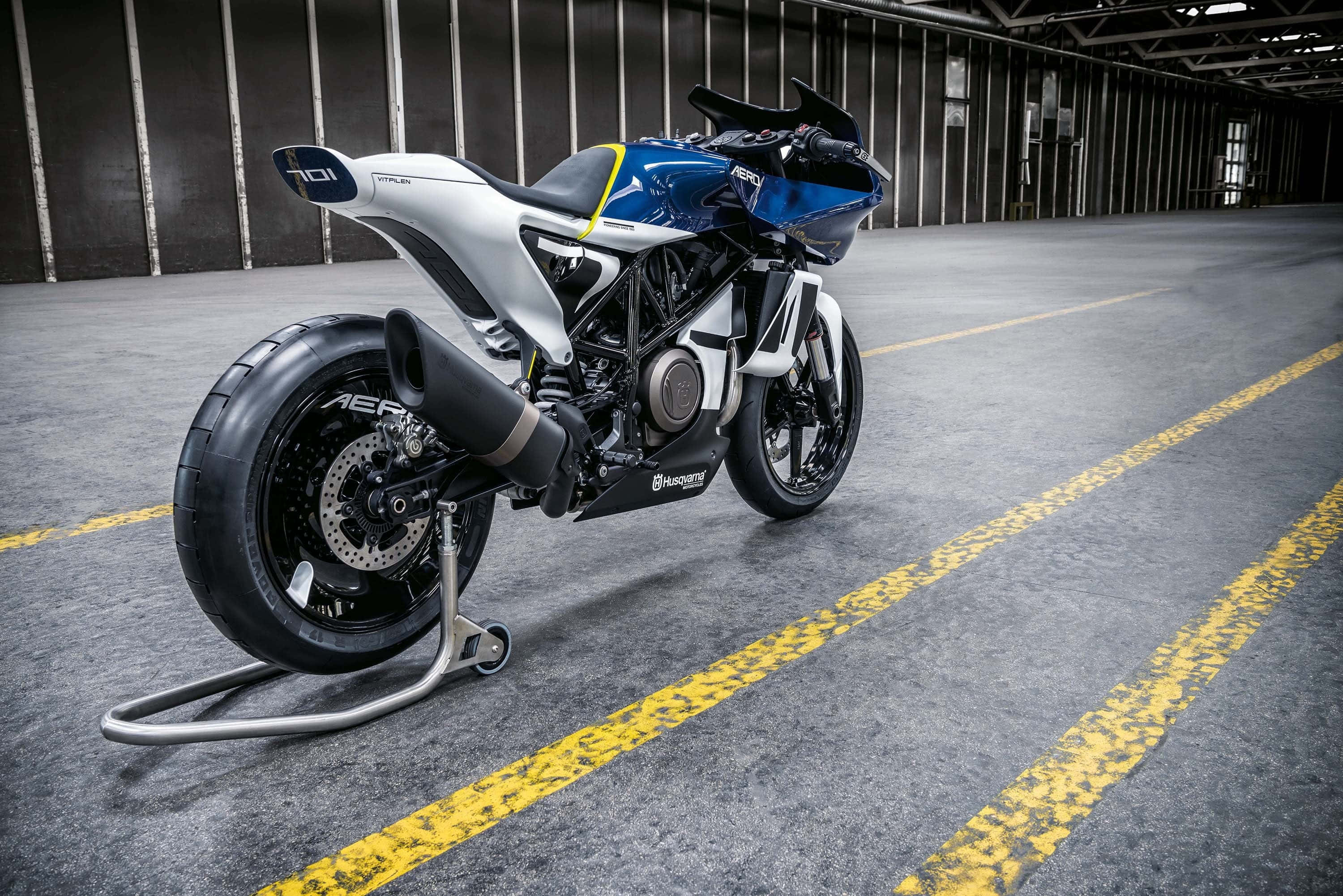 Husqvarna, blue and white motorcycle, industrial warehouse, 2K Desktop Wallpaper