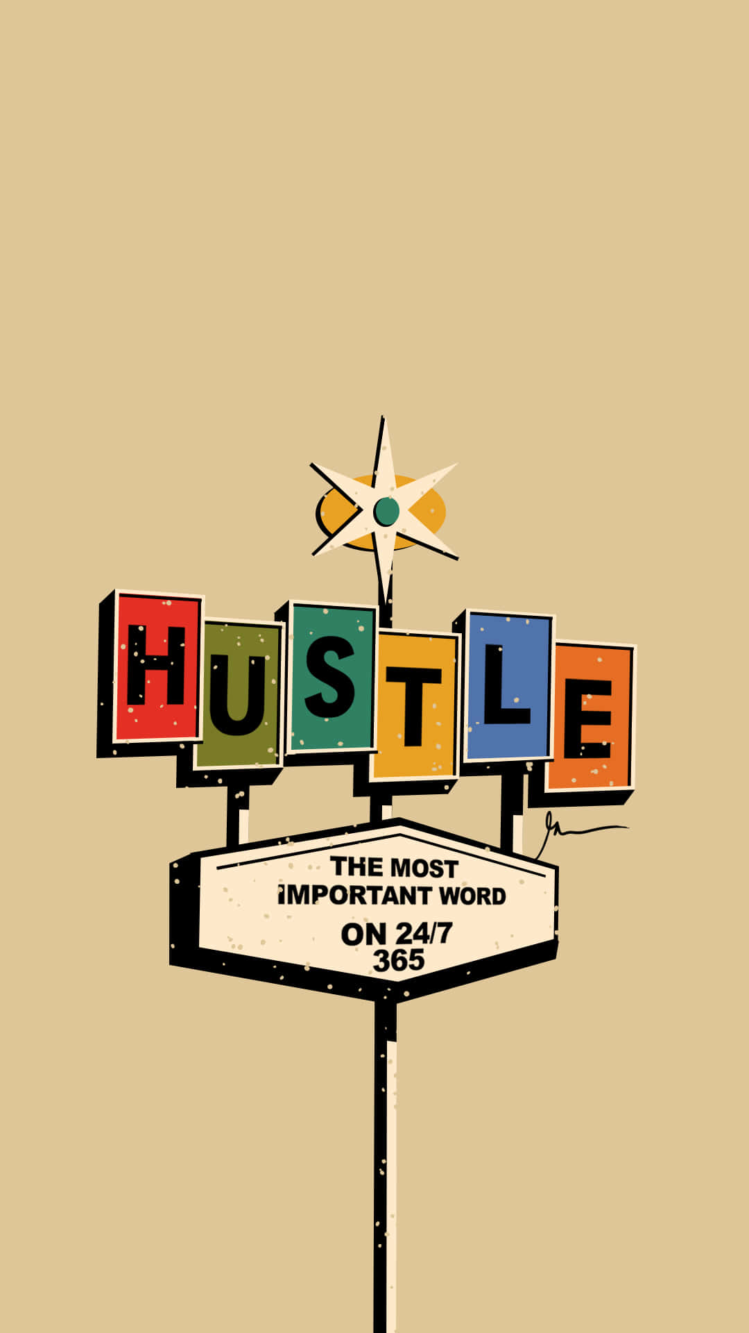 HUSTLE, retro-style sign, colorful block letters, Full HD Phone Wallpaper