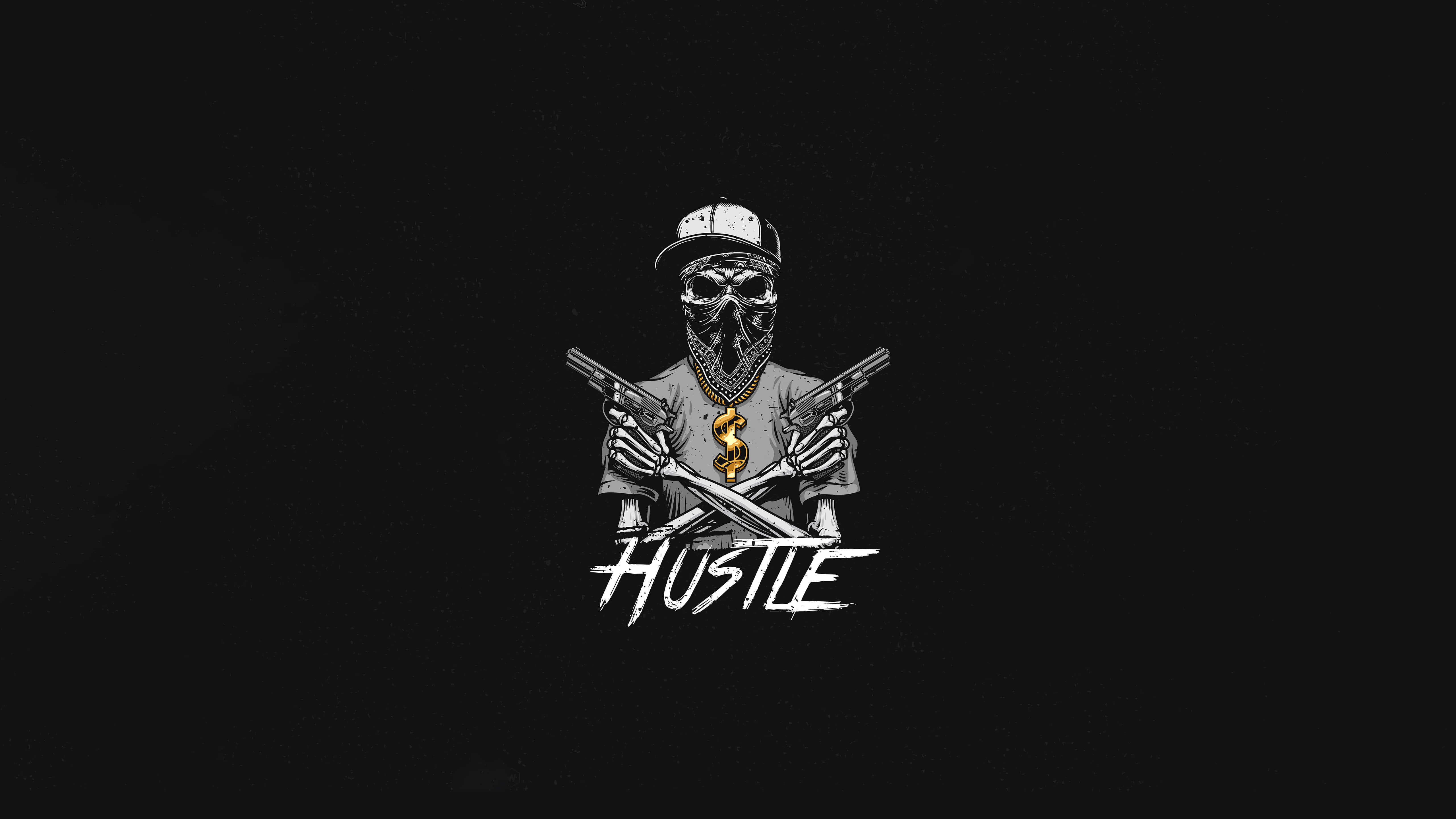 HUSTLE, skull, gun, 5K Desktop Wallpaper