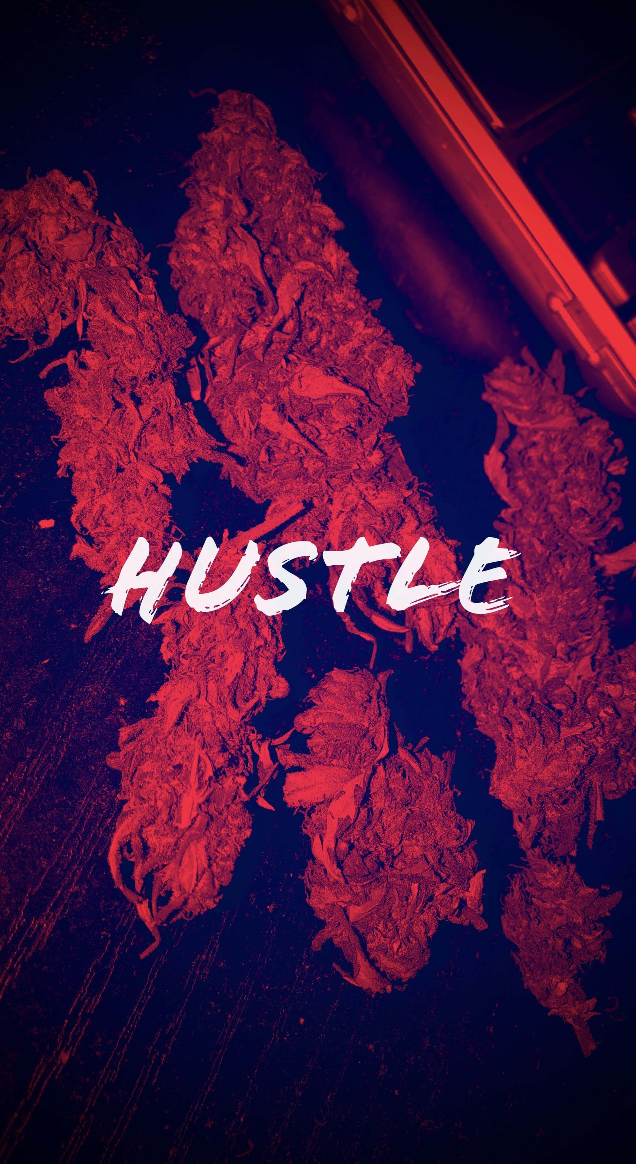 HUSTLE, neon light, red-tinted cannabis buds, 4K Phone Wallpaper