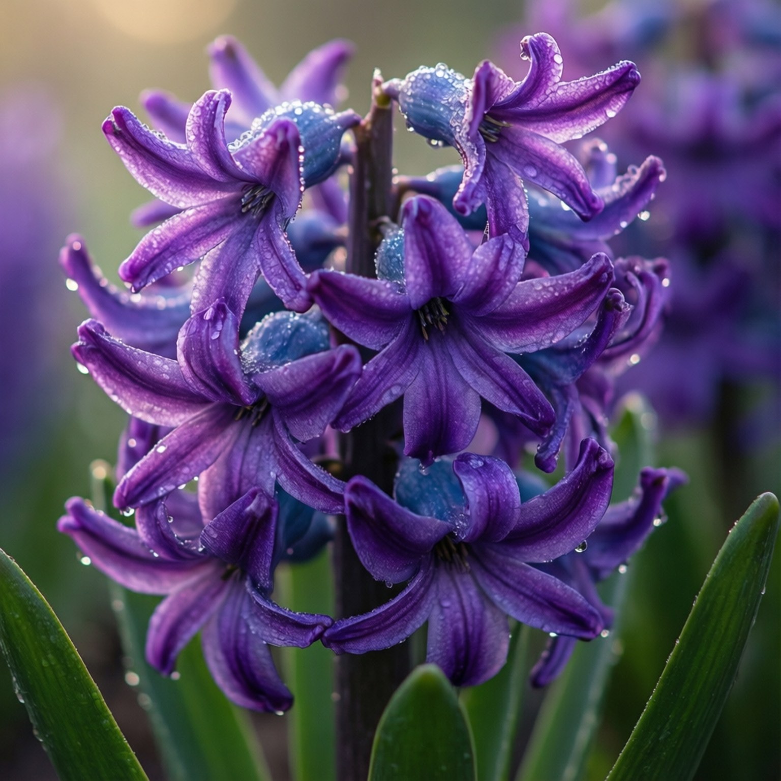 dewy purple hyacinths, vibrant purple hyacinth flowers, dewdrops, HD Desktop Wallpaper