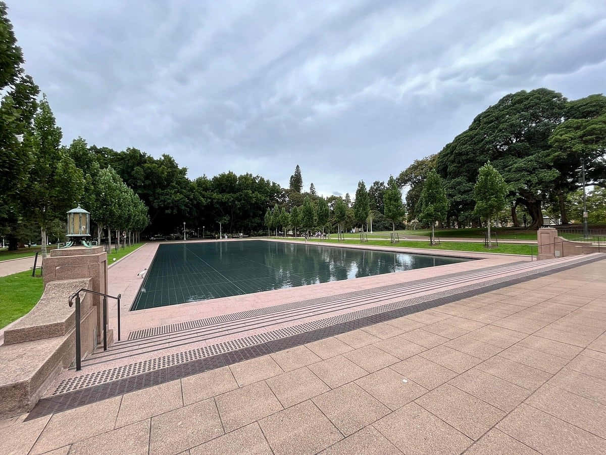 Hyde Park Sydney, reflecting pool, lush green trees, SD Desktop Wallpaper