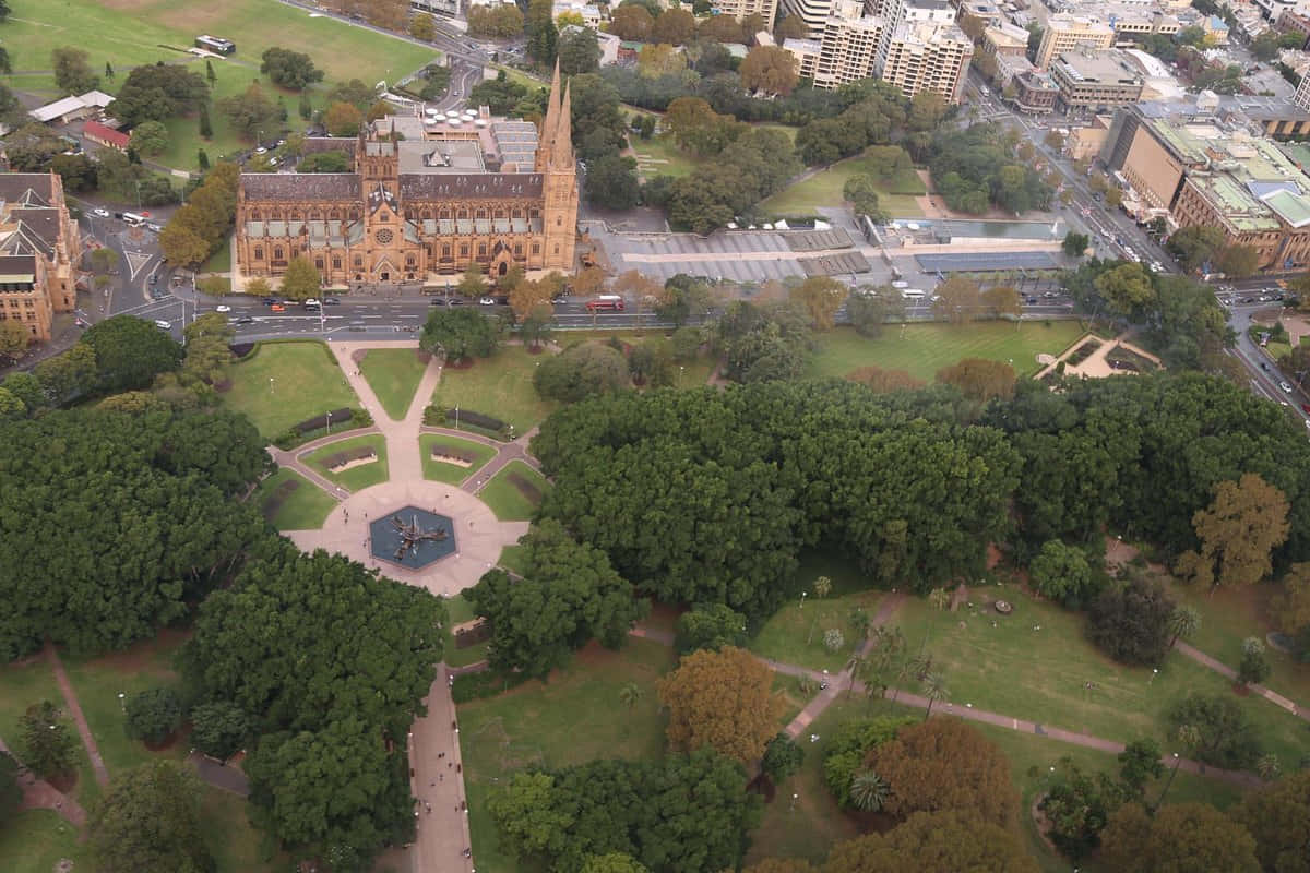 Hyde Park Sydney, aerial view, sandstone cathedral, SD Desktop Wallpaper